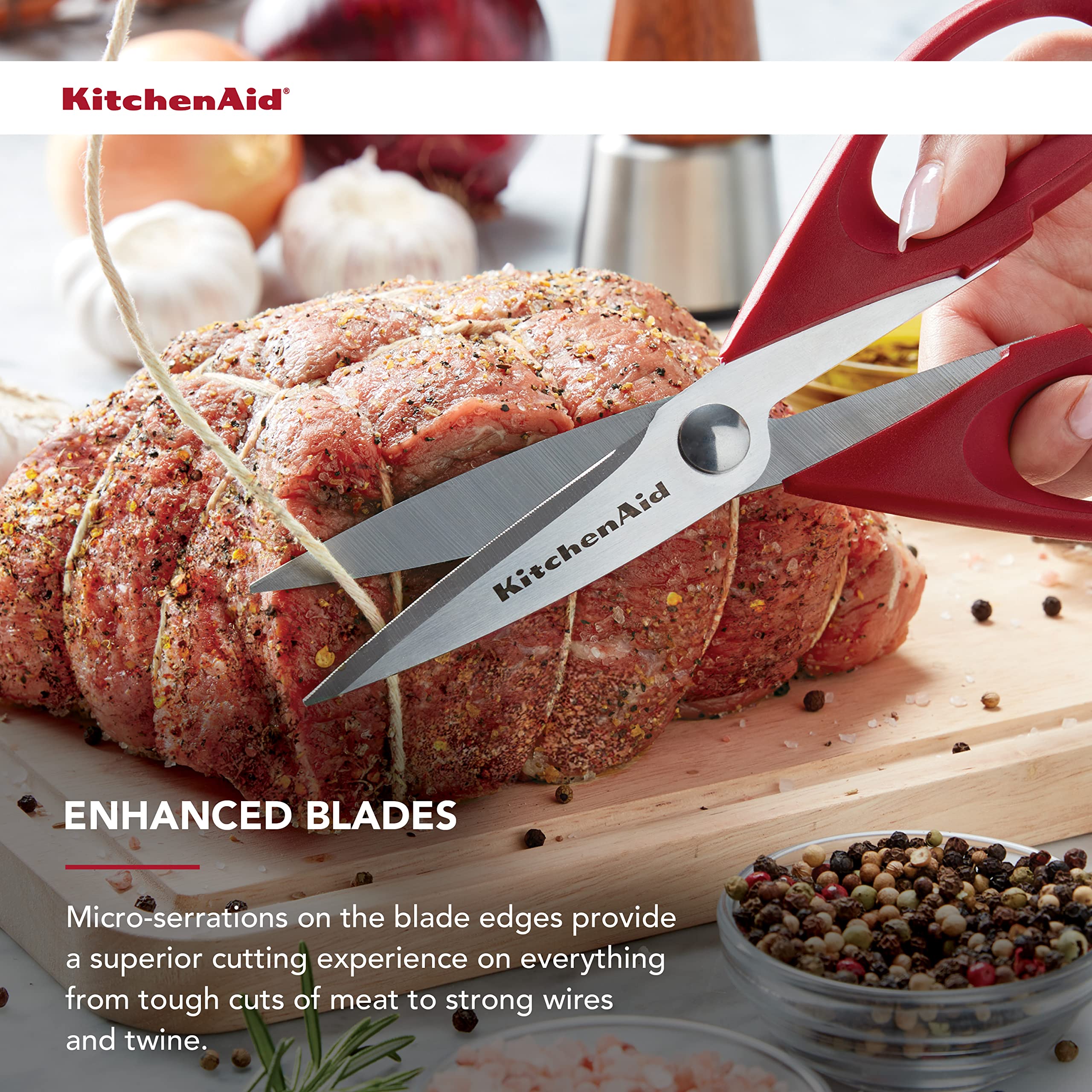 KitchenAid 8.72-Inch Multi-Purpose Kitchen Shears with Protective Sheath & 10.26-Inch Silicone Grip Stainless Steel Tongs Set - Perfect for Cooking, Grilling, and Food Prep (Red)