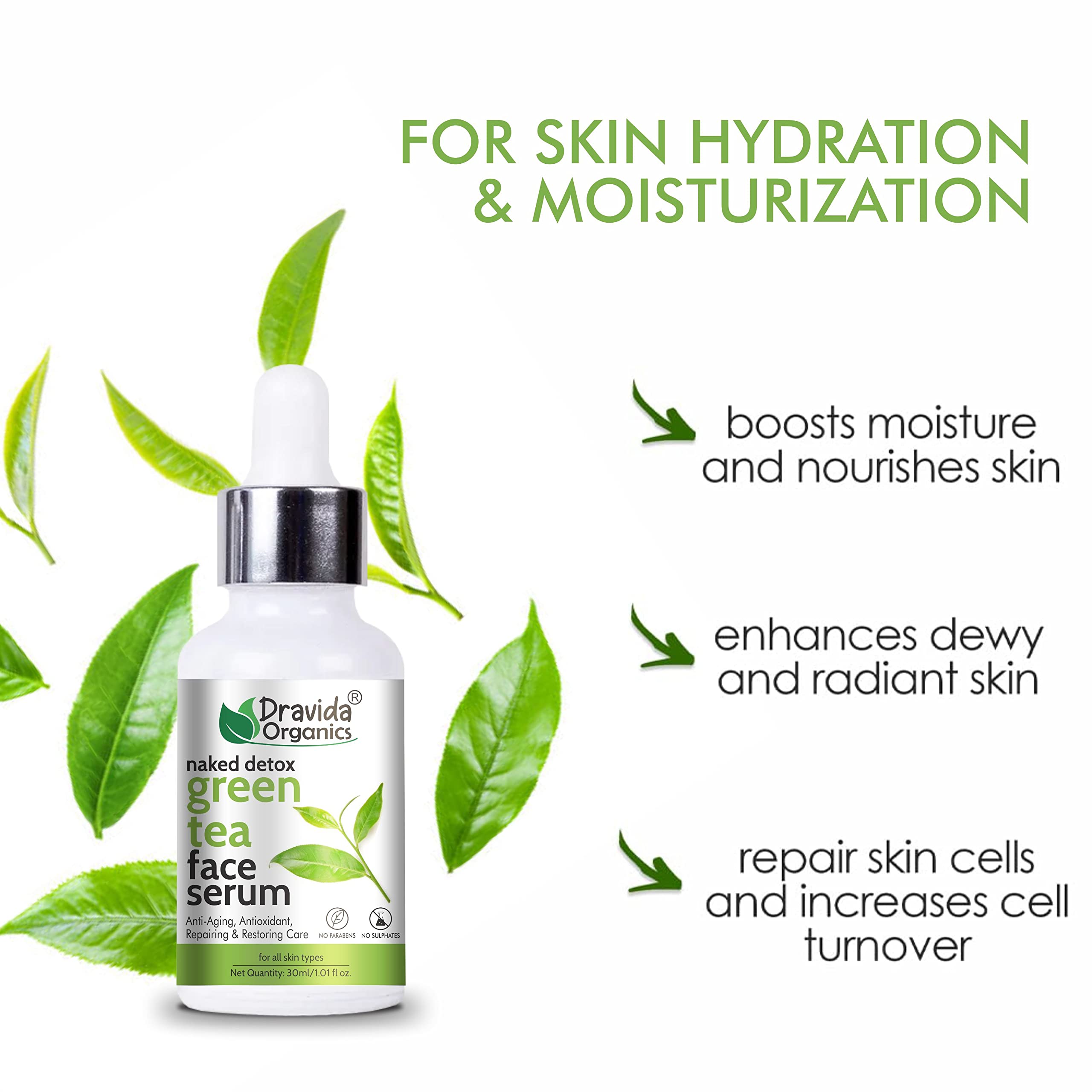 Dravida Organics Green Tea Face Serum - Anti-Aging, Antioxidant, Repair & Restore Skin Care (30ml) | Best for Daily Hydration, Wrinkle Reduction & Glowing Skin