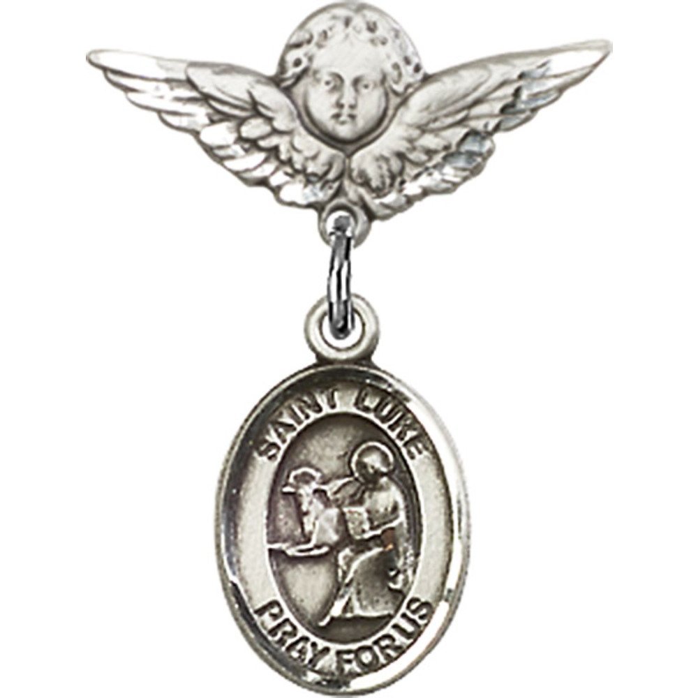 St. Luke The Apostle Sterling Silver Baby Badge with Angel Wing Charm - 7/8 X 3/4 Inch Religious Pin for Christening, Baptism & First Communion Gifts