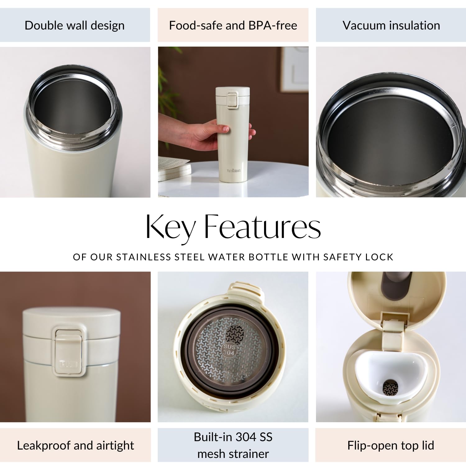 Nestasia 450ml Thermosteel Insulated Coffee Mug with Strainer - Leakproof Double Wall Vacuum Stainless Steel Tumbler for Hot & Cold Drinks - Rust Proof Travel Mug for Office, Camping & Gifting (Cream)