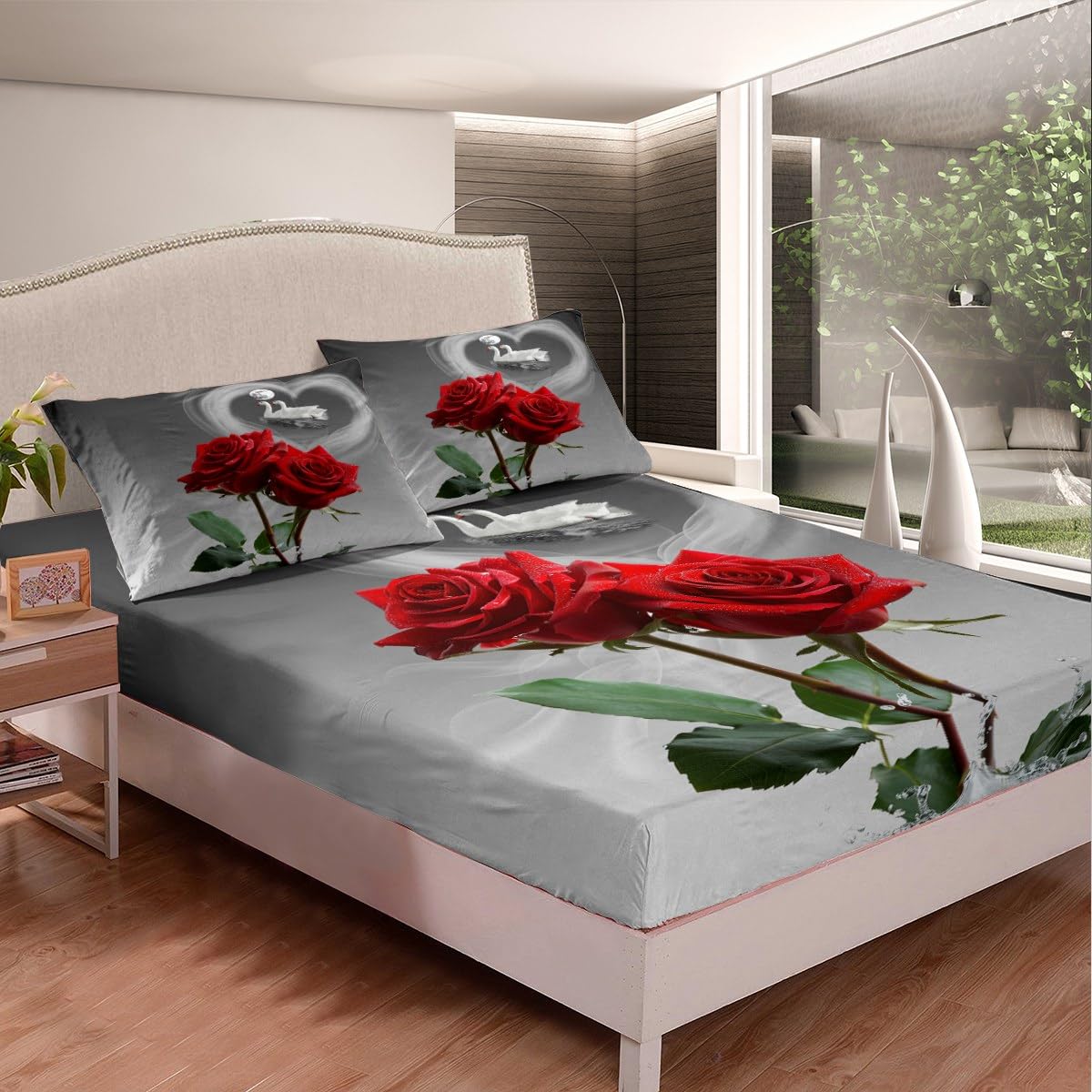 Romantic Red Rose & Swans Queen Size Bedding Set - Ultra Soft Floral Fitted Sheet for Couples, Valentine's Gift, Bedroom Decor (No Flat Sheet) - Perfect for Anniversary, Honeymoon & Romantic Getaway