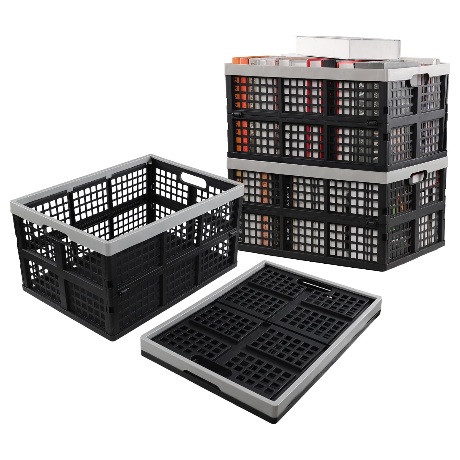 Rosebloom 42L Large Plastic Folding Storage Crates | Stackable Collapsible Bins for Home Organization | 4-Pack Set for Closet, Garage & Moving Supplies