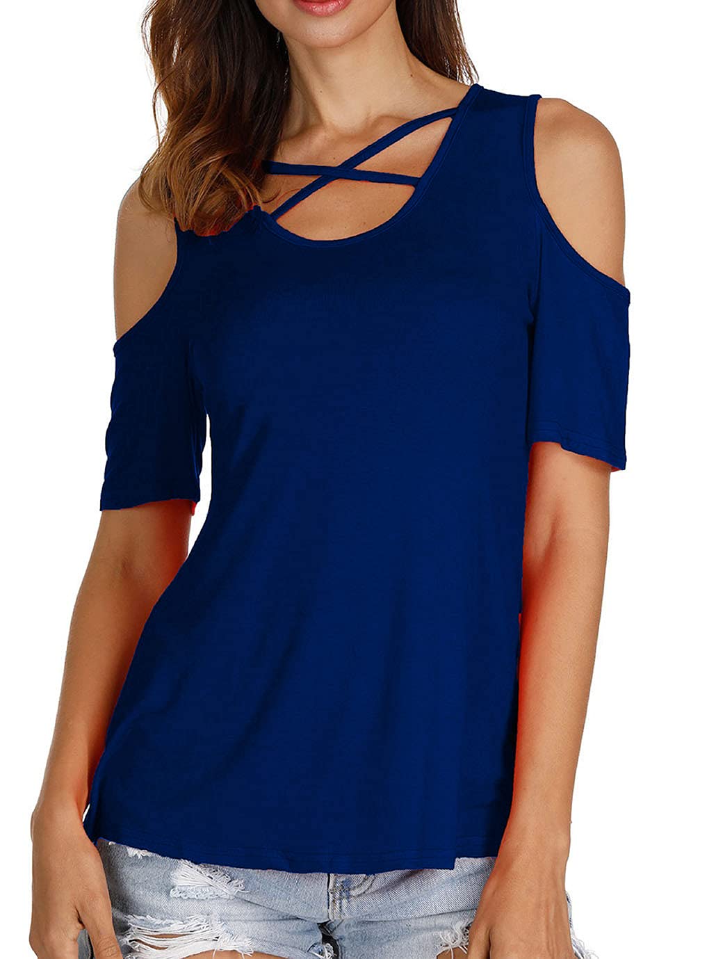 DOAFRIAFRI Women's Casual V-Neck T-Shirts - Cold Shoulder Tops, Tunic Blouses for Summer | Perfect for Beach, Vacation & Everyday Wear