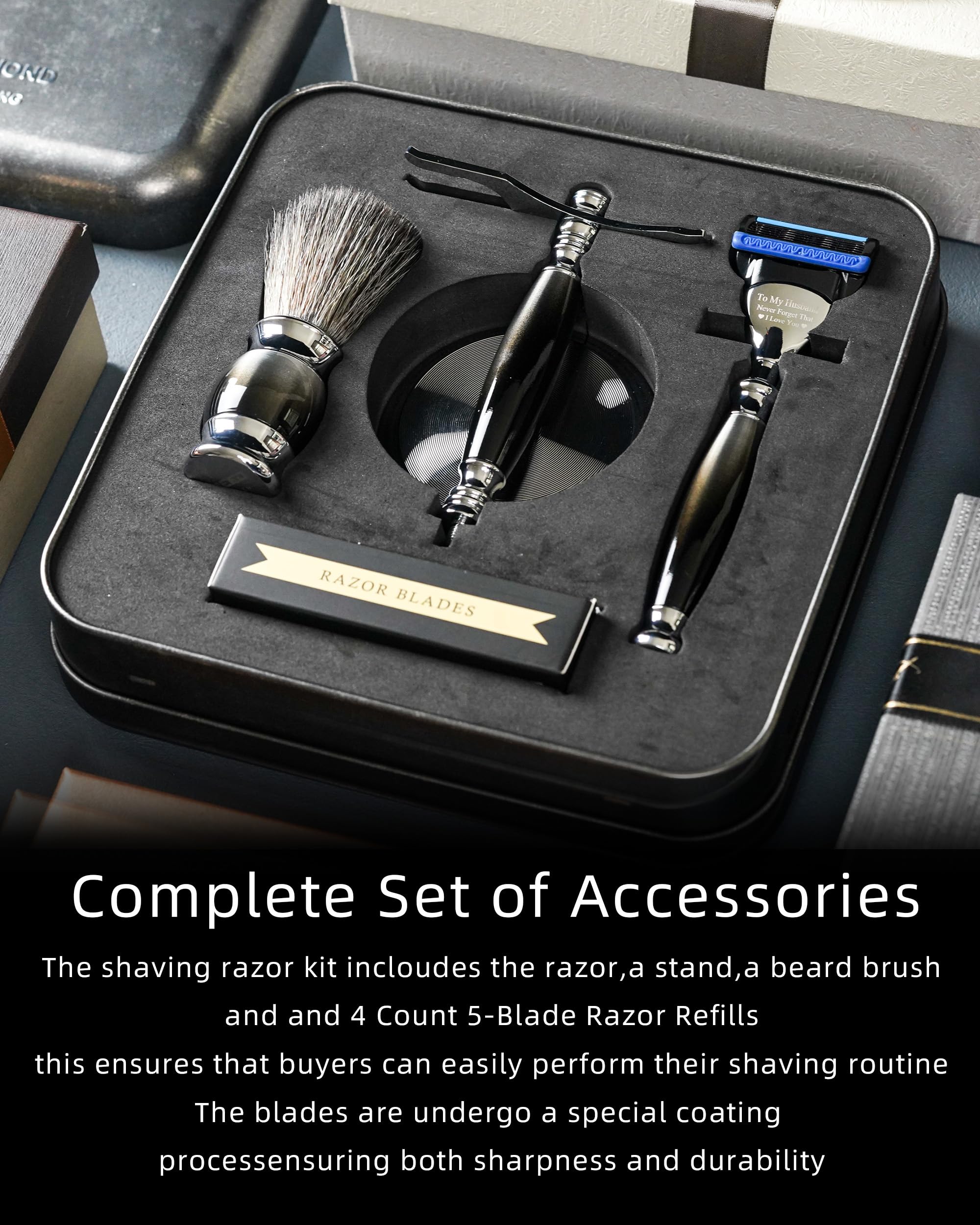 Premium Custom Engraved Men's 5-Blade Razor Set - Luxury Aluminum Alloy Shaving Kit with 4 Replacement Blades, Stand & Brush - Perfect Gift for Father's Day, Birthday & Anniversary - Ideal for Travel, Business & Grooming Enthusiasts