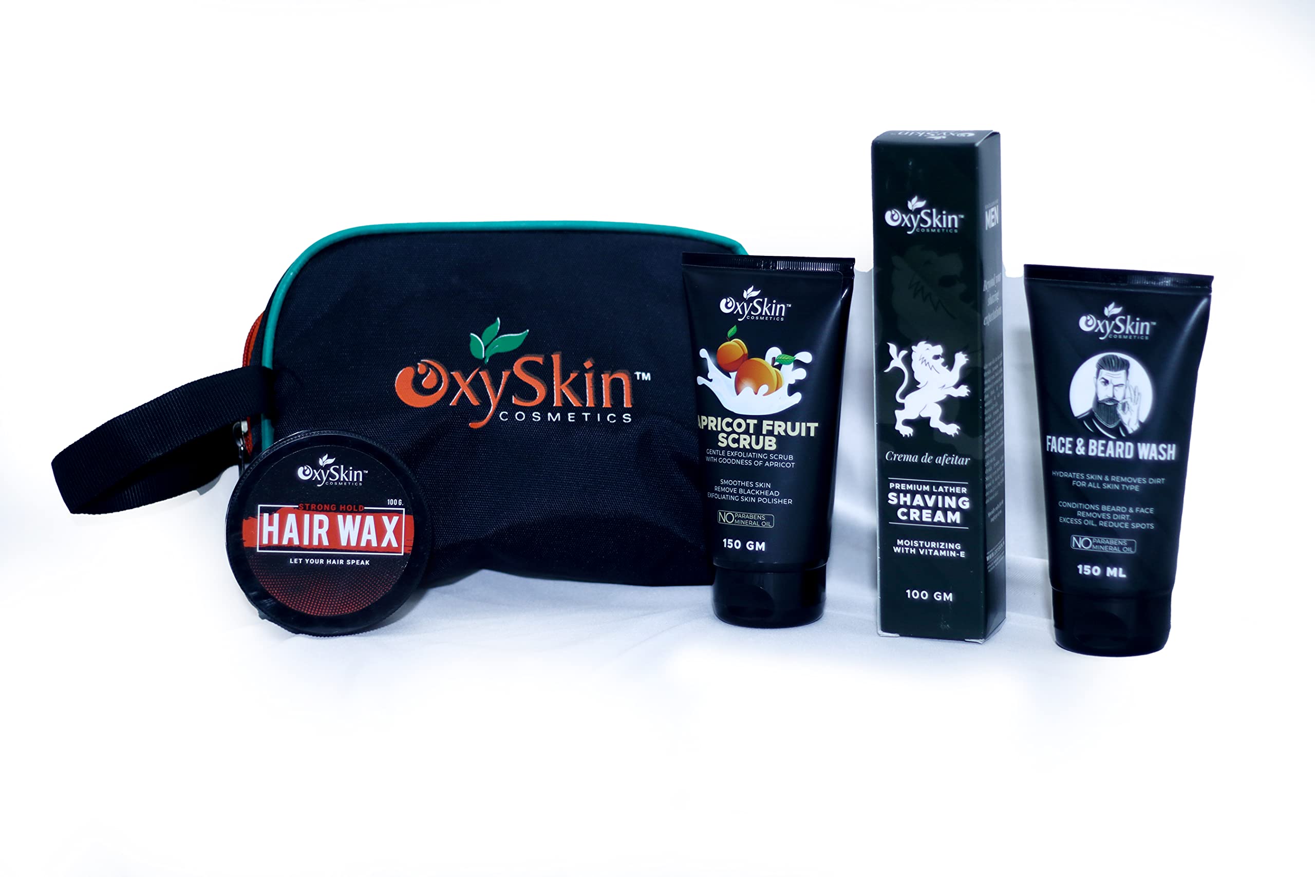 Oxyskin Cosmetics Men’s Grooming Kit - 4-Piece Face & Beard Wash Set with Apricot Scrub, Hair Wax & Shaving Cream | Travel-Friendly Zip Pouch | Perfect Gift for Men, Daily Skincare & Travel Essentials