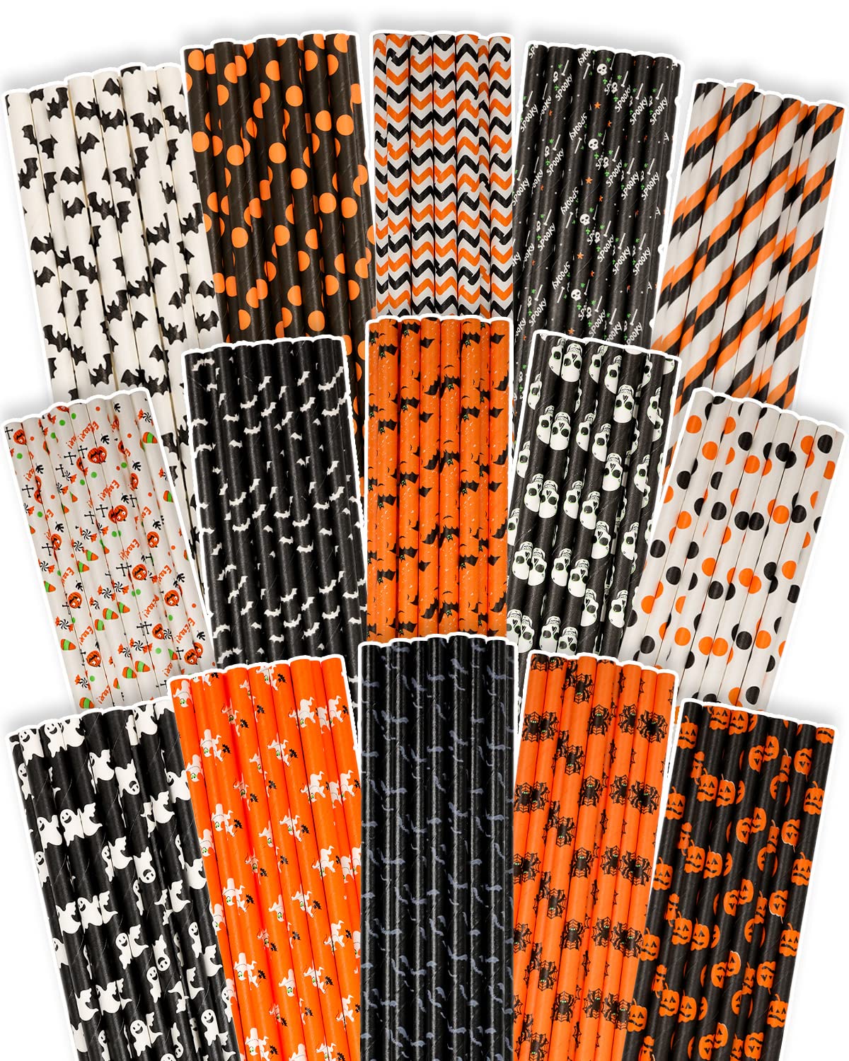 Halloween Paper Straws Bulk 150pcs - Eco-Friendly Disposable Drinking Straws with 10 Fun Patterns - Perfect for Halloween Parties, Birthday Celebrations & Holiday Events