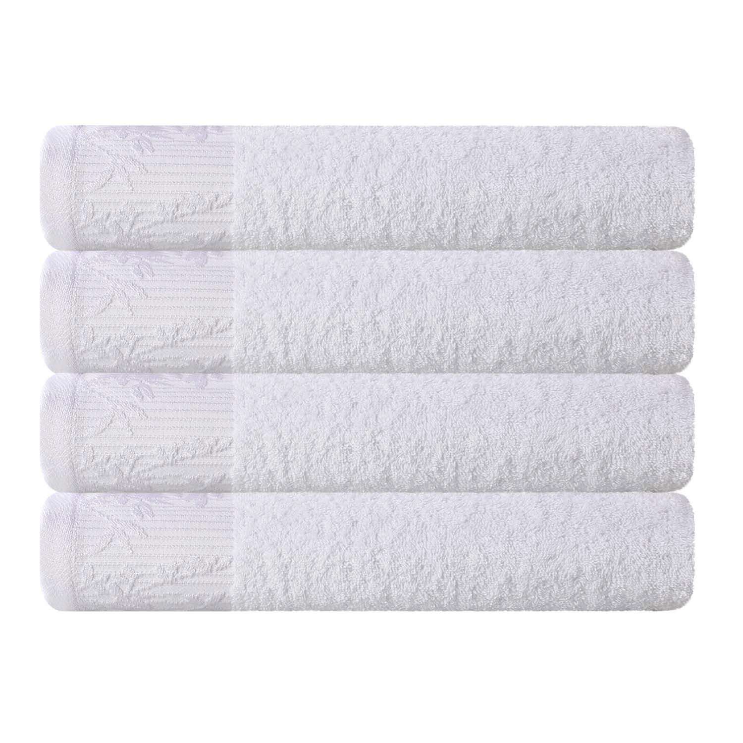 Premium Wisteria Cotton Floral Embroidered Jacquard Border Bath Towel Set of 4 - Ultra Soft & Absorbent Luxury Towels for Spa, Bathroom & Guest Use