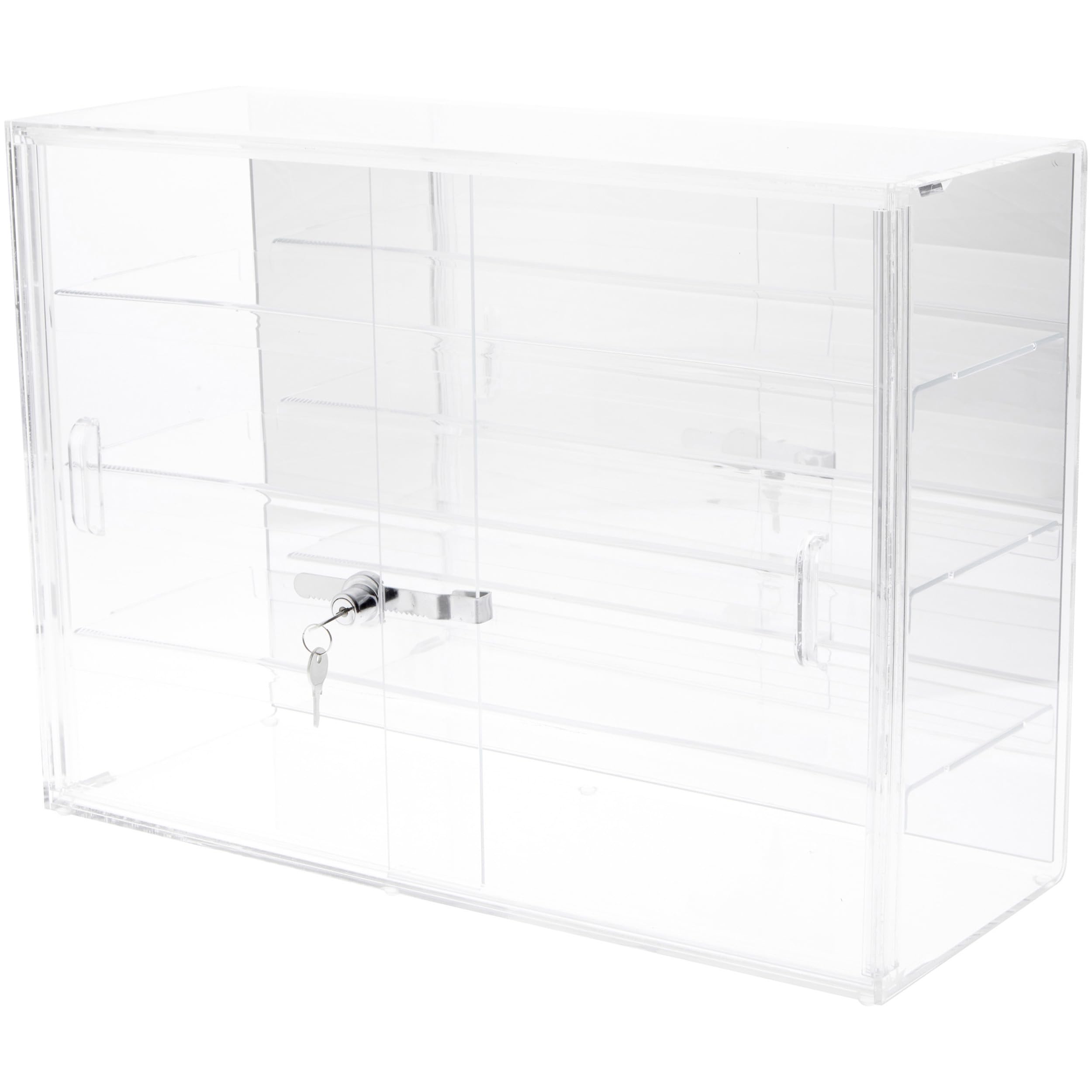 Clear Acrylic Locking Display Case with Sliding Back & 3 Mirrored Shelves - 16