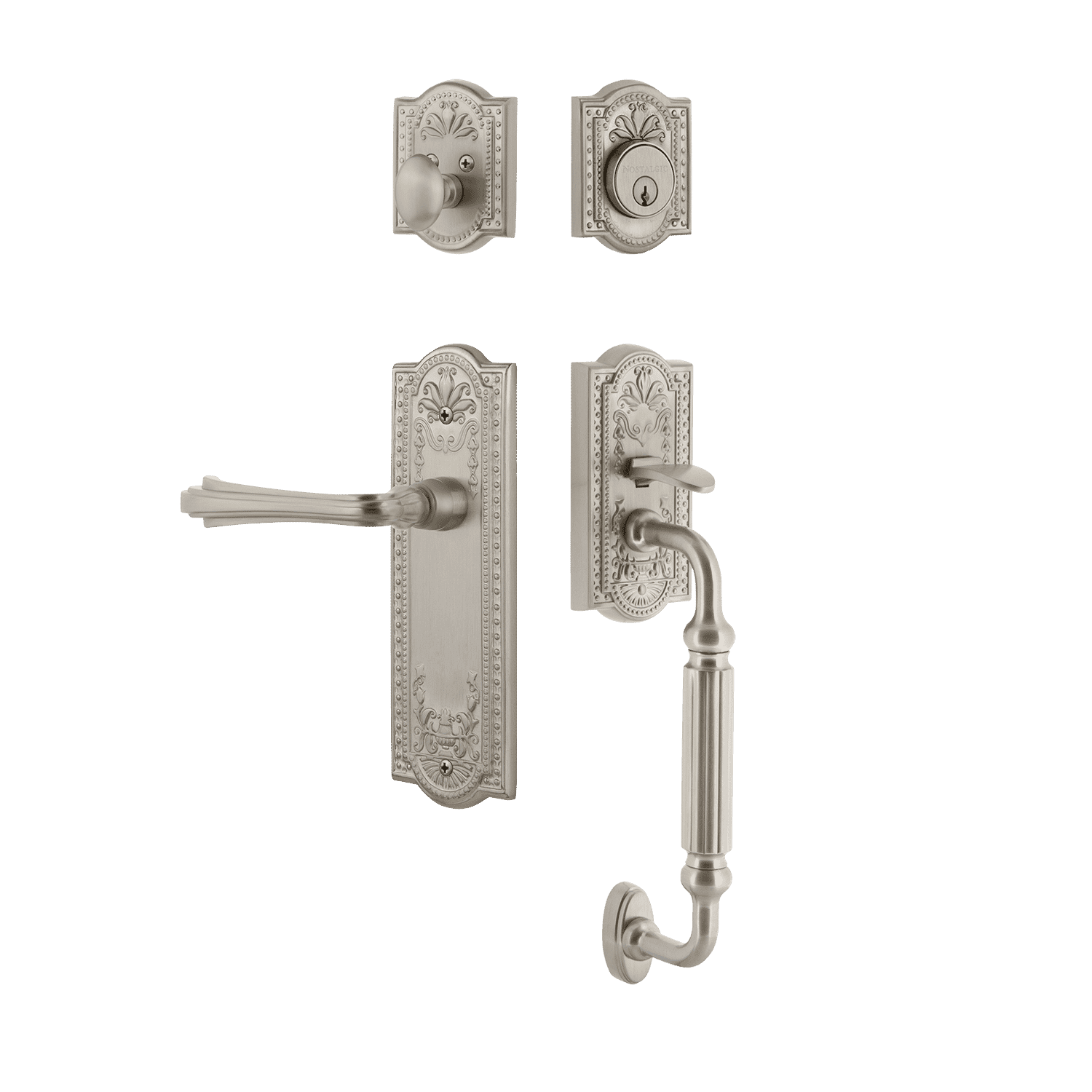 Satin Nickel Meadows Handleset with F Grip & Fleur Lever - Premium Door Handle Set for Home & Office Security - Perfect for Entry Doors, Bedrooms, and Interior Design Upgrade