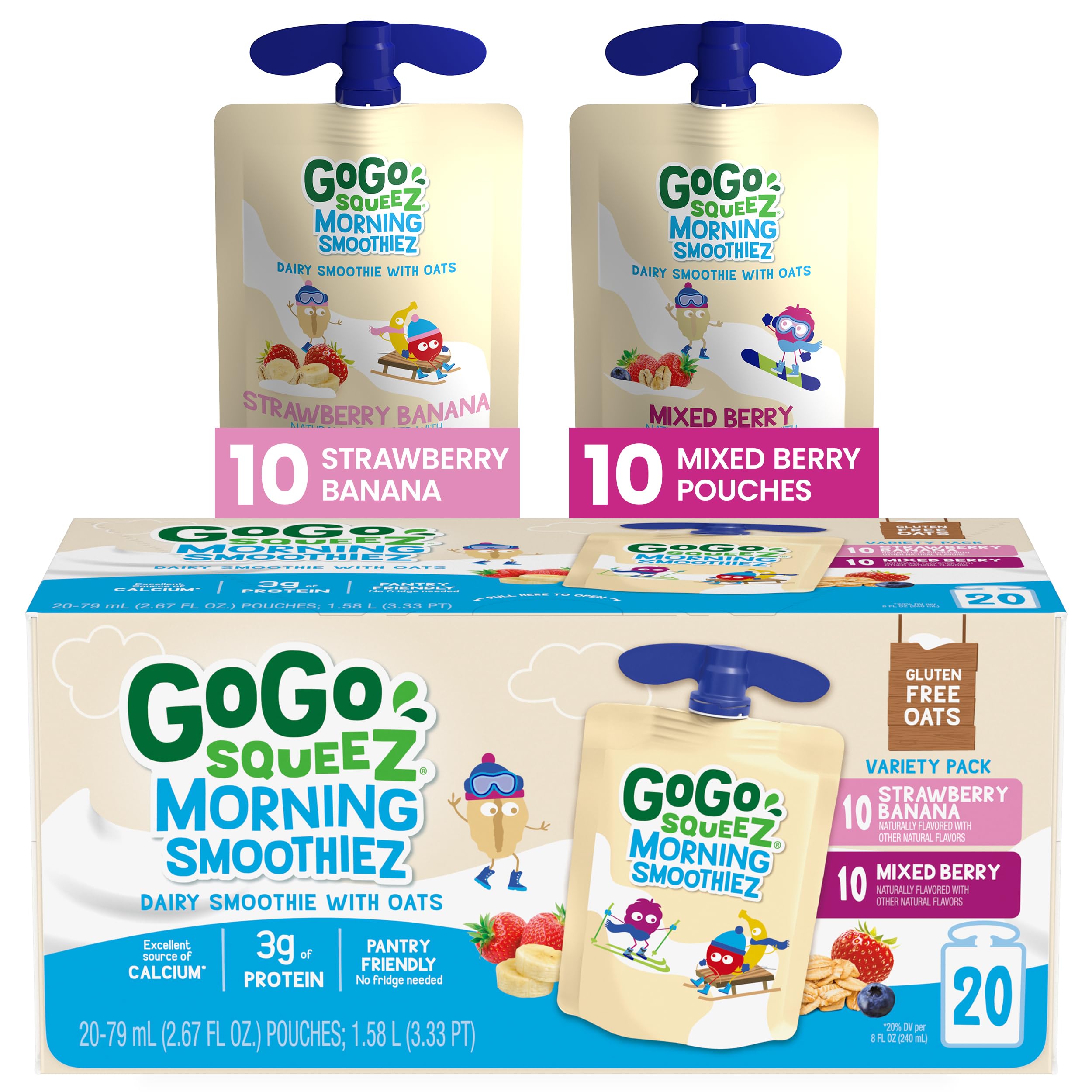 GoGo squeeZ Morning SmoothieZ Variety Pack - Mixed Berry & Strawberry Banana, 3 oz (20 Pack) | Gluten Free Yogurt Fruit Oat Smoothie | Healthy Kids Snacks No Preservatives | No Refrigeration Needed BPA Free Squeeze Pouches | Perfect for School Lunches, After School Snacks & On-the-Go Nutrition