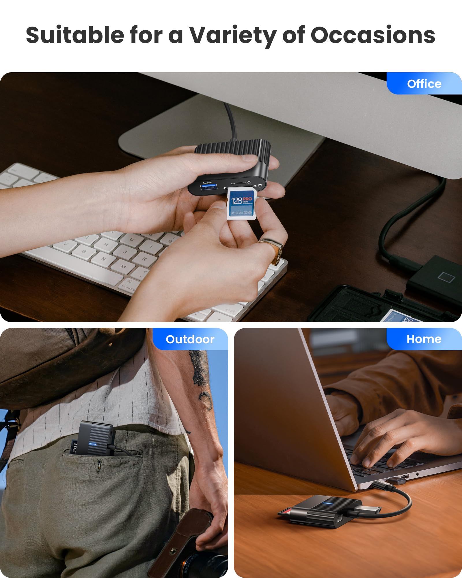 RAVIAD 5-in-1 USB C SD Card Reader with USB 3.0 Port - Compatible with iPhone 16/15 Plus/Pro Max, MacBook, iPad Pro, Galaxy S24 - Supports SD/TF Cards & 2 USB 2.0 Ports | Perfect for Photographers, Content Creators & Mobile Professionals