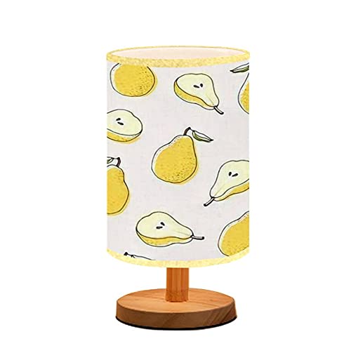 Minimalist Wooden Nightstand Lamp with Yellow Pears Cartoon Design - Flaxen Fabric Shade Bedside Table Light for Bedroom, Living Room & Nursery | Perfect for Reading, Breastfeeding & Cozy Ambience
