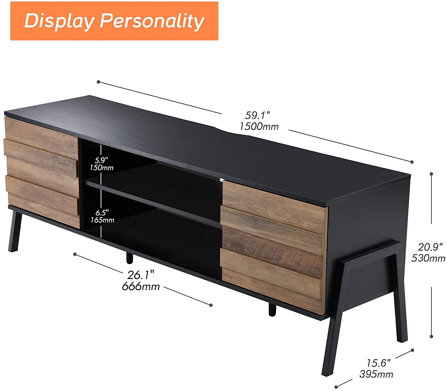 WAMPAT 60 Inch Retro TV Stand with Storage Cabinet for 65+ Inch TVs - Mid Century Modern TV Console Table with Metal Legs & Wood Entertainment Center - Black/Brown - Perfect for Living Room & Bedroom | Home Theater Setup & Media Storage Solution