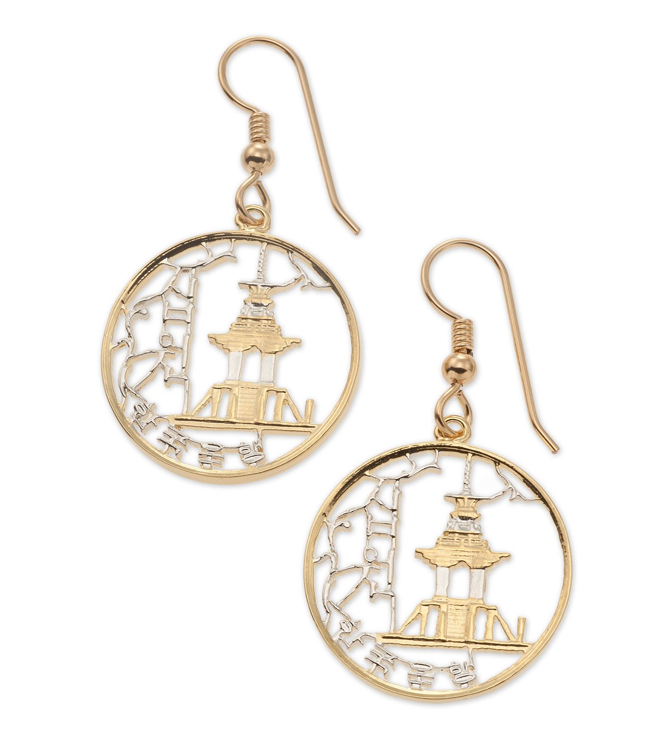 South Korean 10 Won Temple Coin Earrings - Hand-Cut 14K Gold & Rhodium Plated - 7/8 Inch - Perfect for Boho Jewelry & Cultural Fashion Accessories