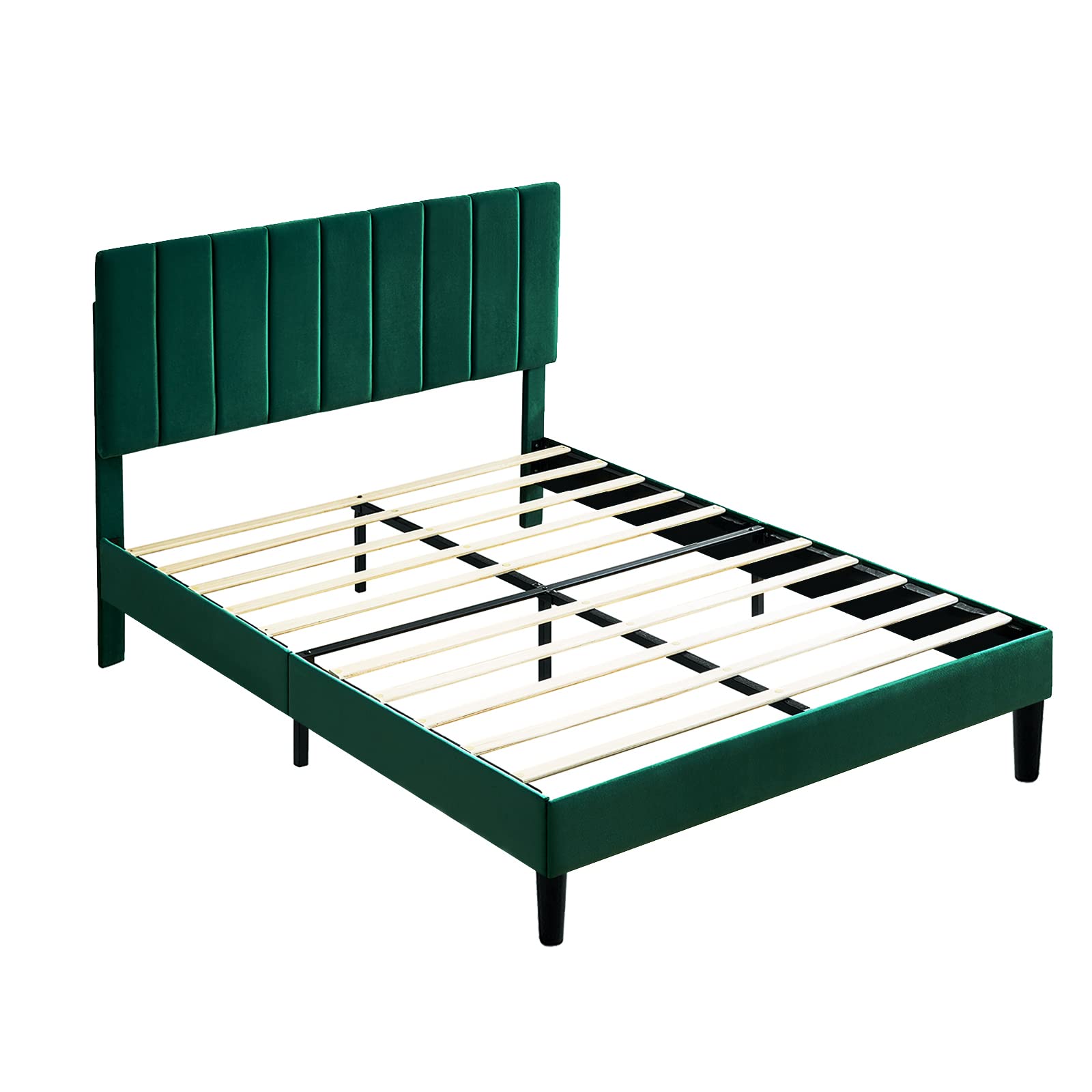 Green Velvet Upholstered Full Size Platform Bed Frame with Adjustable Geometric Headboard - Wood Slat Support, No Box Spring Needed - Easy Assembly, Quiet Design for Modern Bedrooms, Guest Rooms & Master Suites