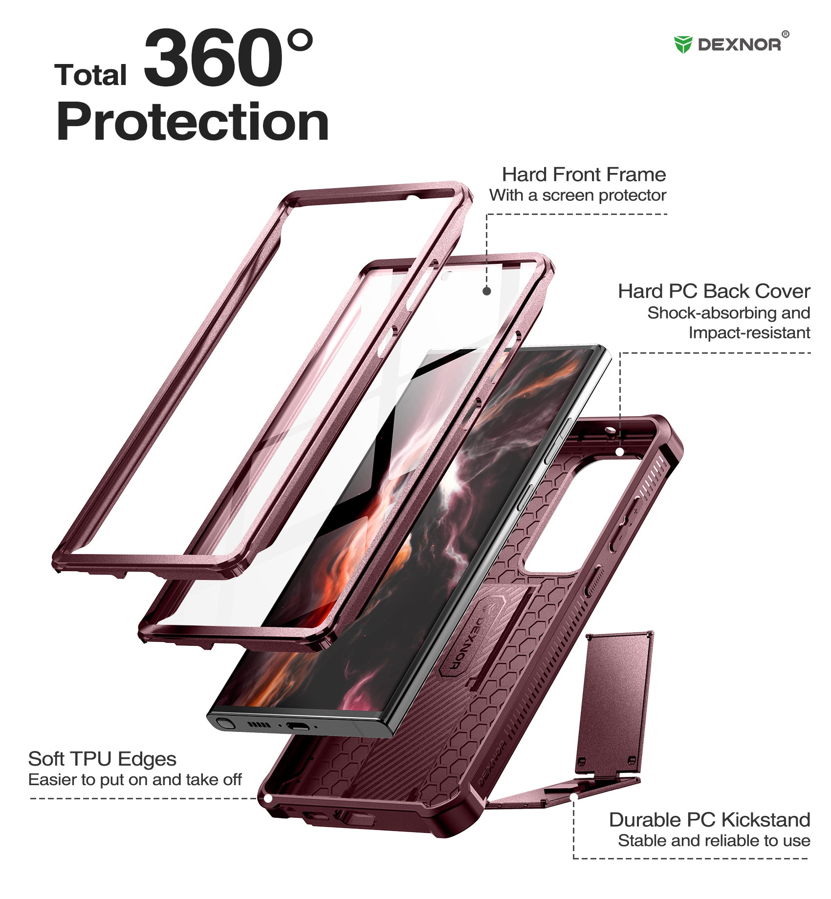 Dexnor Heavy Duty Shockproof Case for Samsung Galaxy S23 Ultra with Built-in Screen Protector, Full Body Bumper & Kickstand - Perfect for Outdoor Activities, Work, and Travel Protection