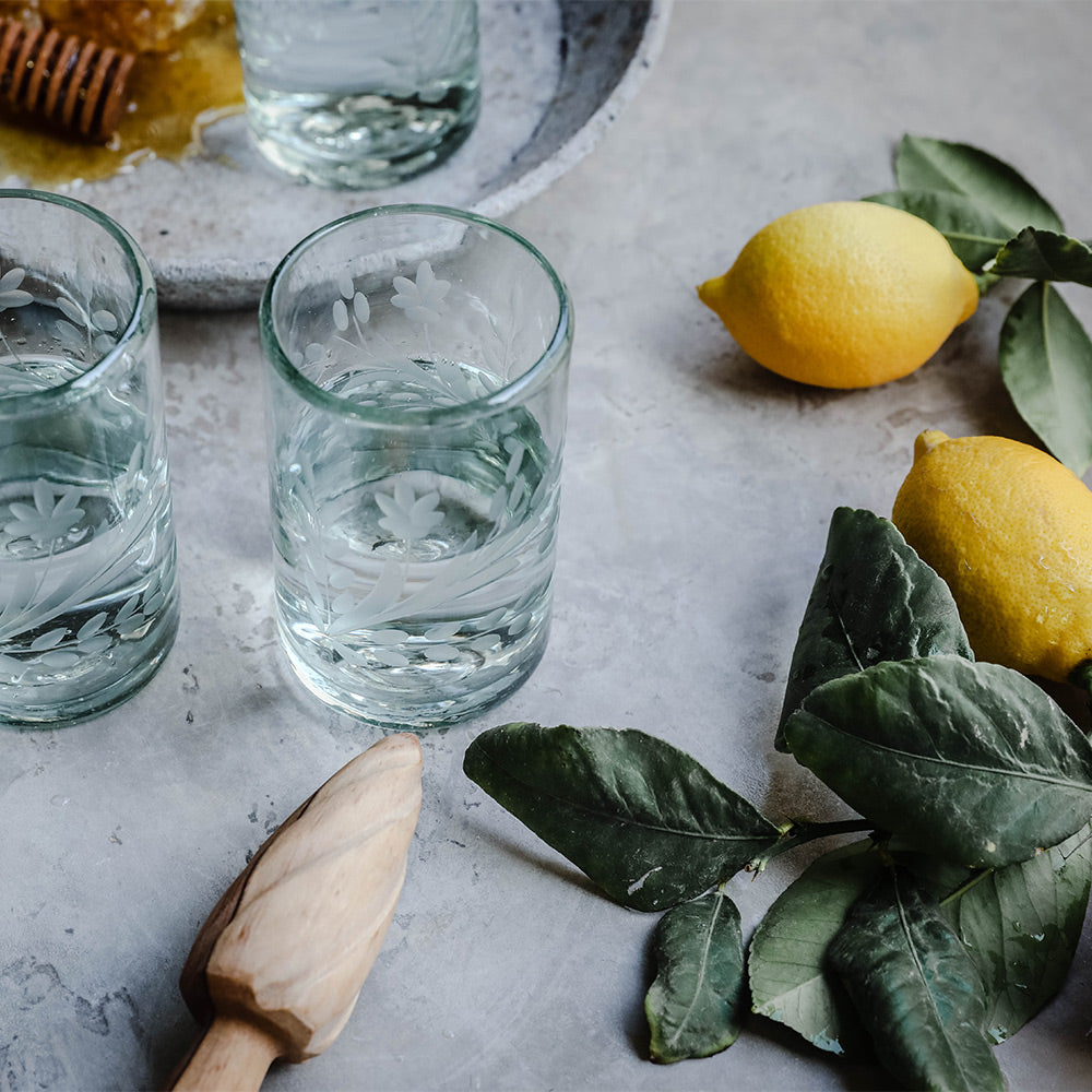 Hand Etched Floral Recycled Glassware Set - Eco-Friendly Drinking Glasses for Wine, Juice & Cocktails - Perfect for Parties, Weddings & Home Decor