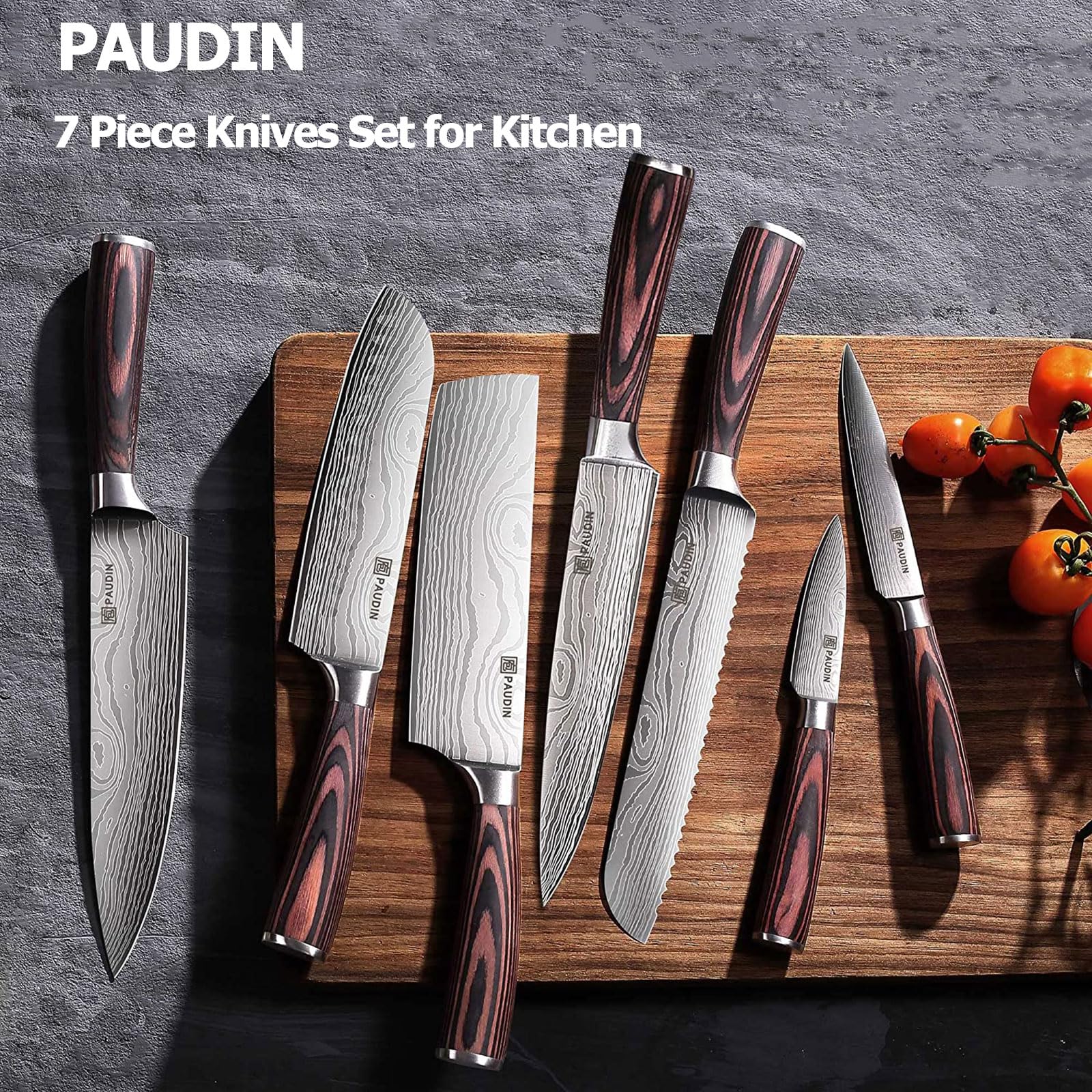 PAUDIN 7-Piece Professional Chef Knife Set - High Carbon Stainless Steel Ultra Sharp Kitchen Knives with Pakkawood Handle - Perfect for Home Cooking, Restaurant Use & Food Preparation
