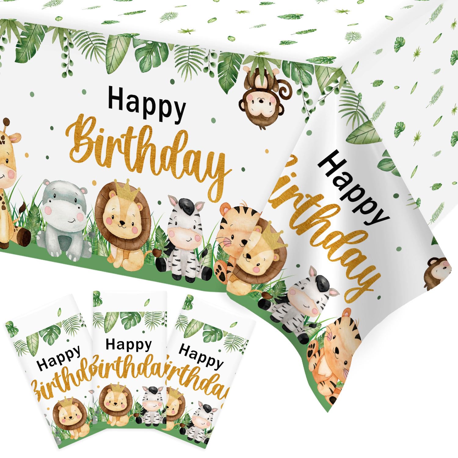 3Pcs Safari Jungle Birthday Party Tablecloths - Wild One Birthday Decorations, 54 x 108 Inch Large Rectangular Zoo Animal Print Table Covers for Boys Kids Birthday Parties - Perfect for Jungle Theme Decor, Baby Showers & Outdoor Celebrations