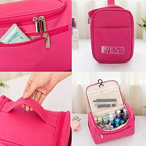 Double Layer Cosmetic Makeup Bag for Women - Waterproof Travel Toiletry Organizer with Hanging Hook | Perfect for Travel, Gym & Daily Use | Pink Makeup Brush Pouch & Grooming Kit (Pink)