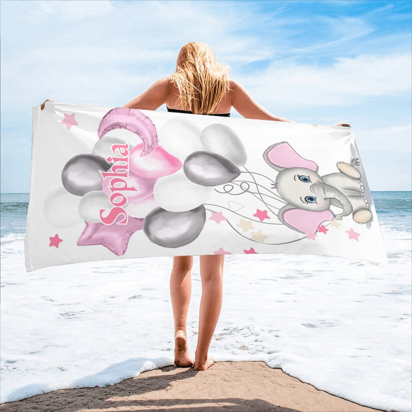 Personalized Baby Elephant with Balloons Beach Towel - Custom Name, Sandproof, 30x60 Inch, Double-Sided Print - Perfect for Pool, Beach, Picnics & Sports Events