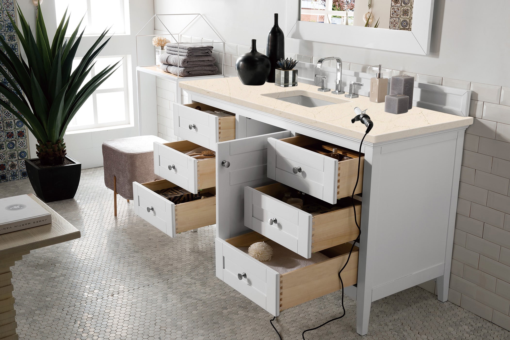 Palisades 60 Inch Single Bathroom Vanity with 3CM Eternal Marfil Quartz Countertop in Bright White - Perfect for Modern Master Bathrooms & Guest Baths