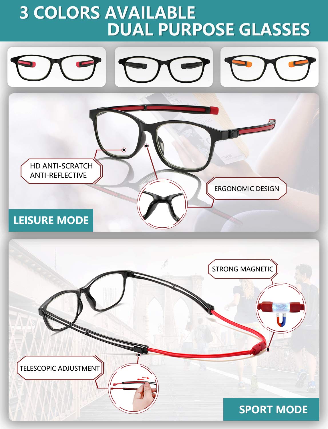 Blue Light Blocking Reading Glasses with Magnetic Nose Pads - Anti Glare Computer Glasses for Men & Women - Reduce Eye Strain for Office Work, Gaming & Screen Time