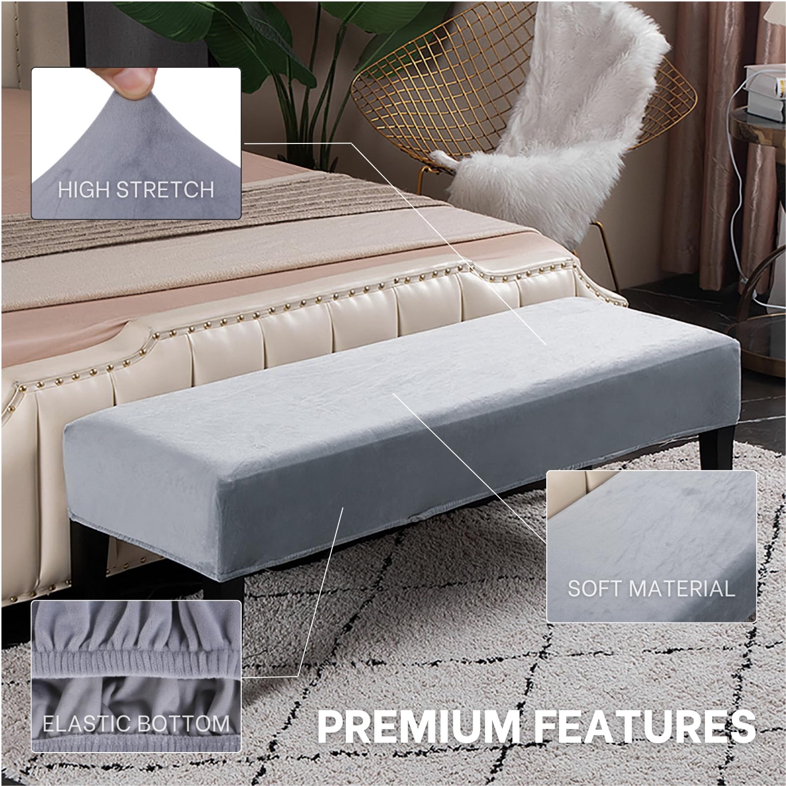 Stretch Washable Velvet Dining Bench Cover - Sliver Gray Rectangle Bench Seat Slipcover for Dining Room, Living Room, Kitchen | Waterproof & Anti-Slip | Perfect for Home Decor, Parties & Daily Use