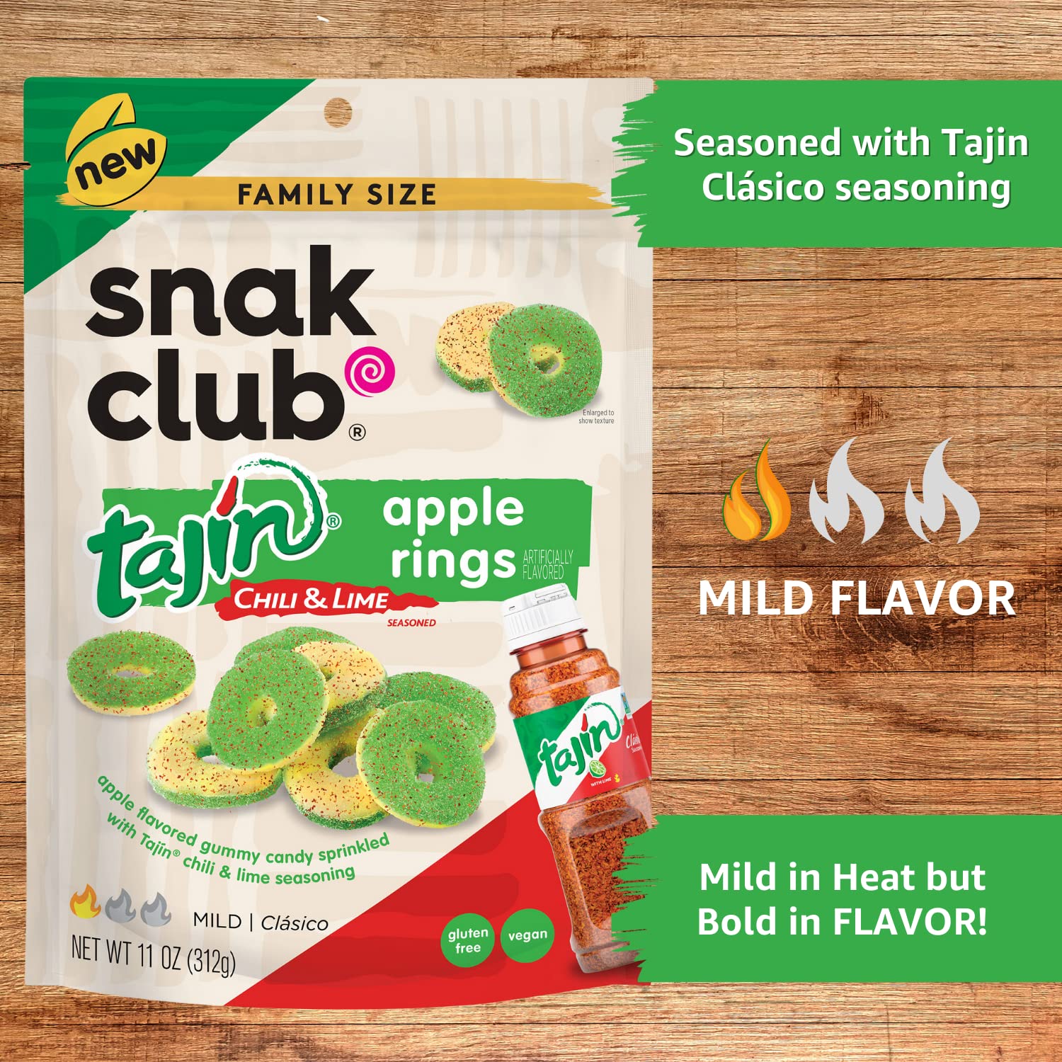 Snak Club Tajin Apple Rings - Sweet & Tangy Gummy Fruit Snacks, 11oz Resealable Bag (6-Pack) | Perfect for Lunchboxes, Movie Nights & On-the-Go Snacking