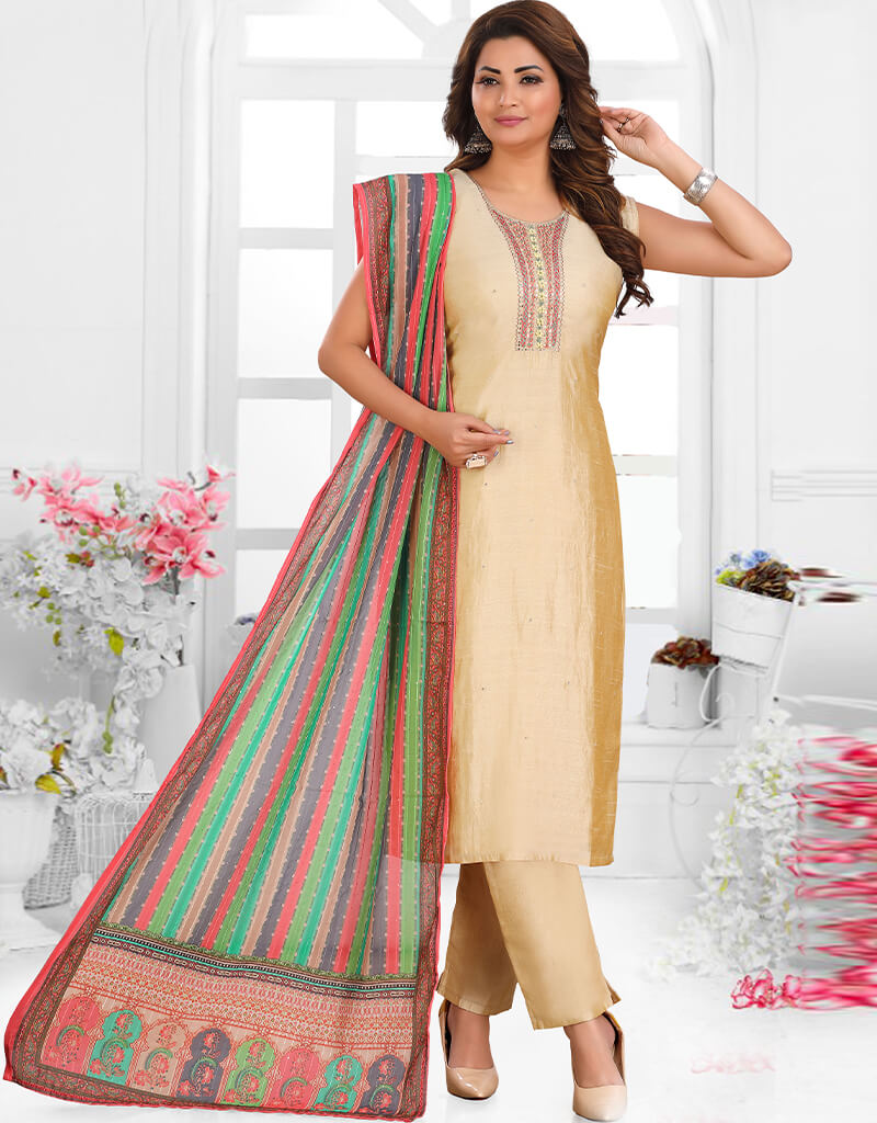 Elegant Beige Chanderi Silk Pant Salwar Suit for Women | Traditional Indian Ethnic Wear | Perfect for Weddings, Festivals & Special Occasions