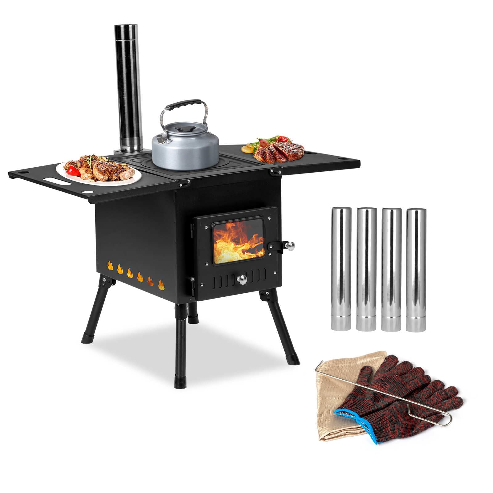 Portable Wood Burning Camping Stove - Foldable Iron Panel Tent Stove with Chimney Pipes for Outdoor Heating, Cooking & Survival (30.5