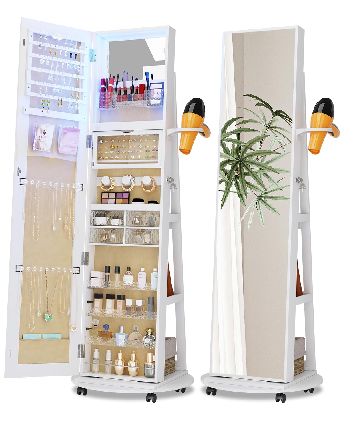 Full Length Mirror with Jewelry Storage - 360° Rotating Jewelry Armoire Organizer with LED Lights & Lockable Cabinet - Standing Jewelry Mirror for Bedroom, Dressing Room & Christmas Gifts (White)