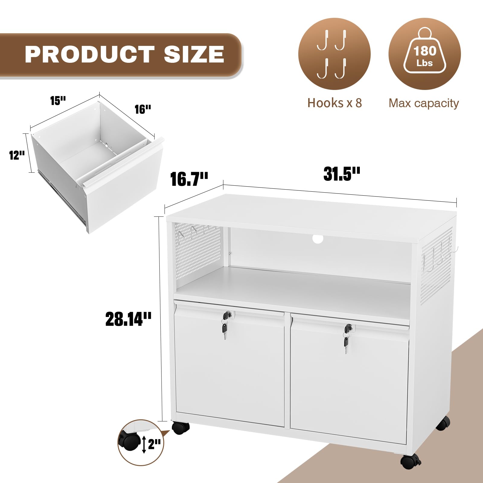 2-Drawer Metal Rolling File Cabinet with Lock & Wheels - Lateral Filing Cabinet for A4 Documents & File Storage - Office, Home, or Classroom Organization