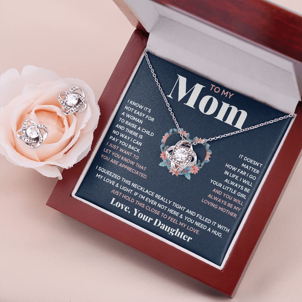 Mother Daughter Necklace Set - Heart Pendant Jewelry Gift for Mom Birthday, Christmas & Mother's Day - Engraved Message Card & LED Gift Box with Matching Earrings (Blue Little Girl Squeezed Charm) - Perfect for Mother-Daughter Bonding Moments & Special Occasions