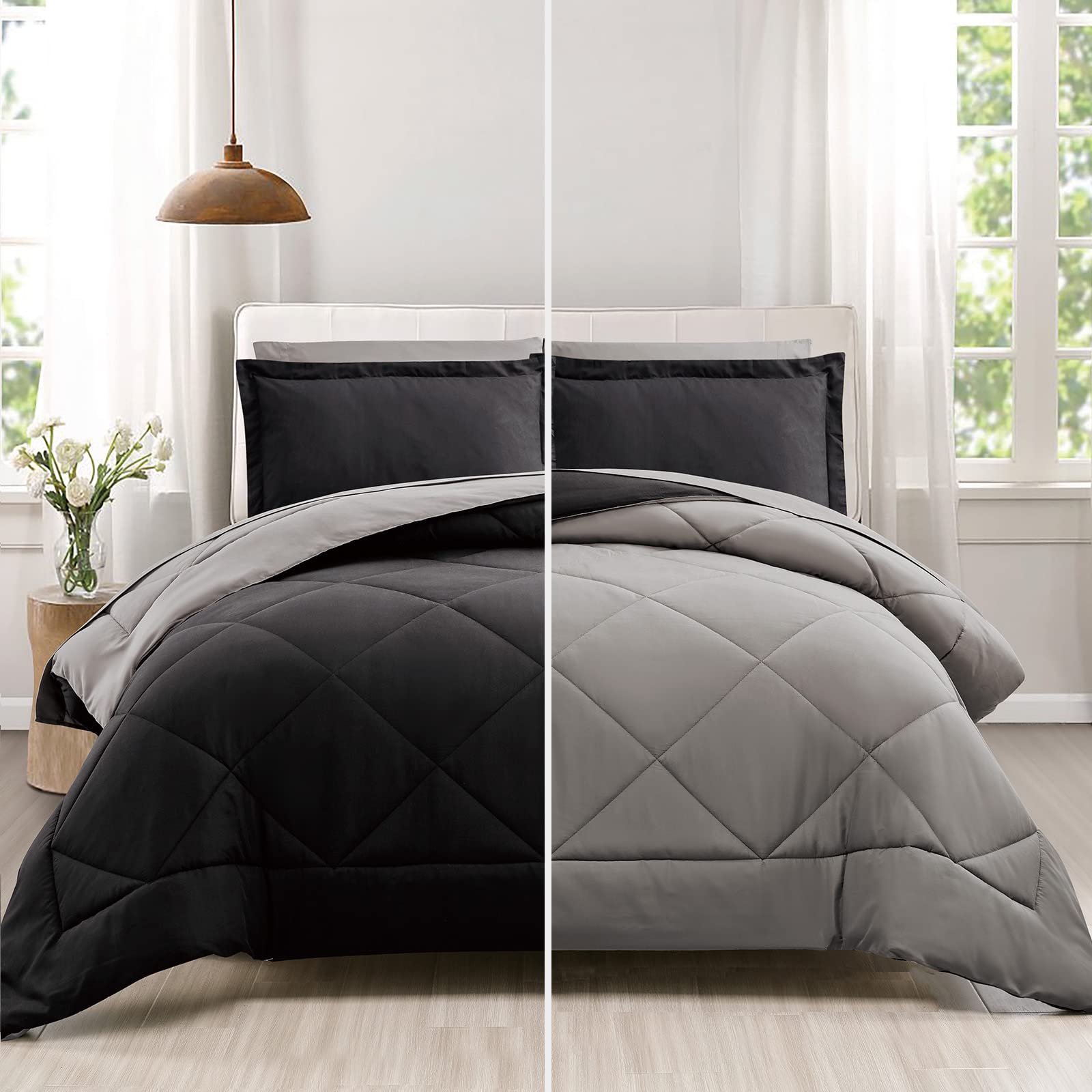 5-Piece Twin Comforter Set in a Bag - Reversible Black & Grey Bedding with Comforter, Flat Sheet, Fitted Sheet, Pillowcase & Sham - Soft & Cozy Twin Size Bedding for Boys & Girls - Perfect for Kids' Rooms, Dorms & Guest Bedrooms