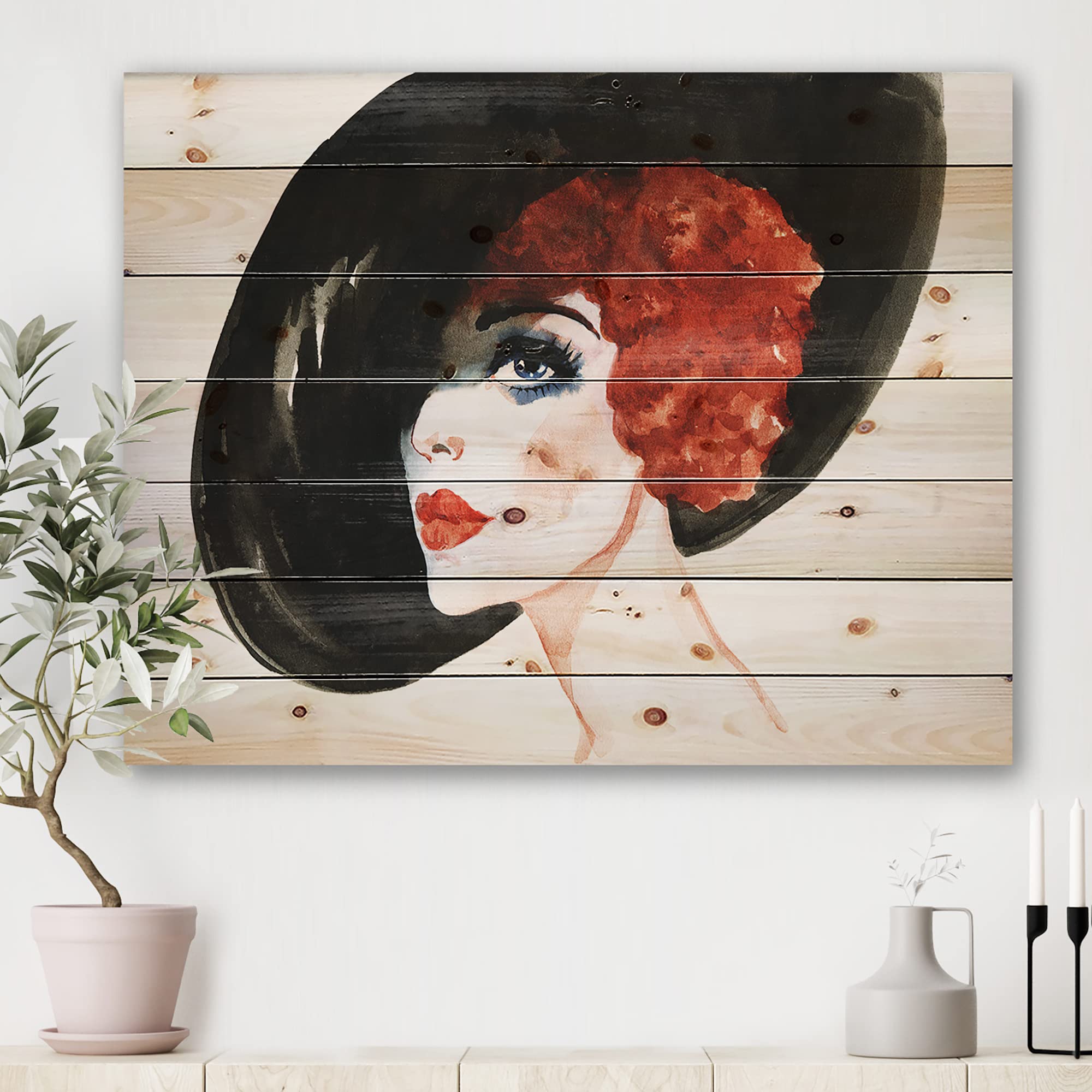 Red Head Lady Portrait Wood Wall Art - Modern Orange Decor for Living Room