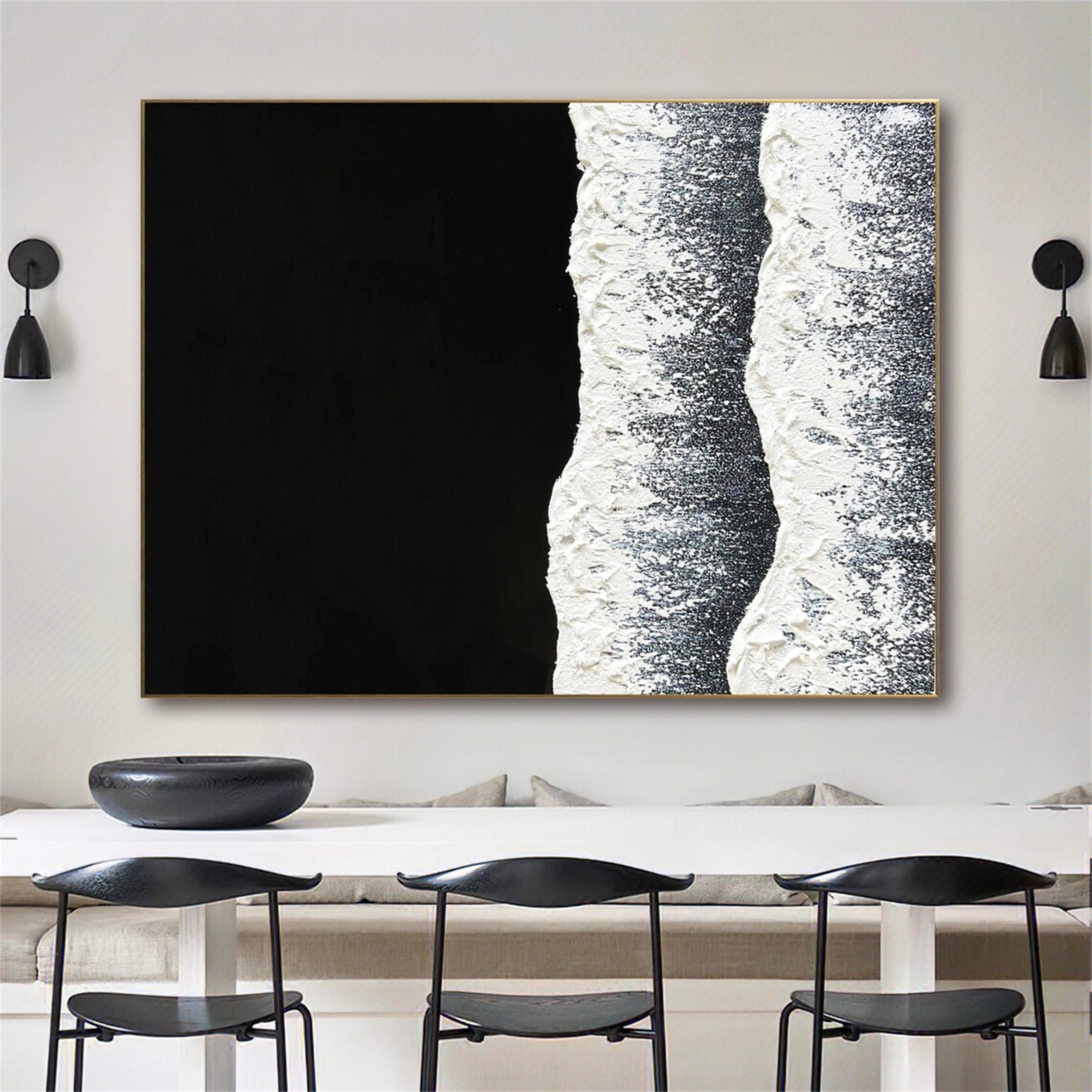 Black and White Textured Minimalist Wall Art Print #MZ057 - Modern Abstract Canvas Painting for Living Room, Bedroom & Office Decor