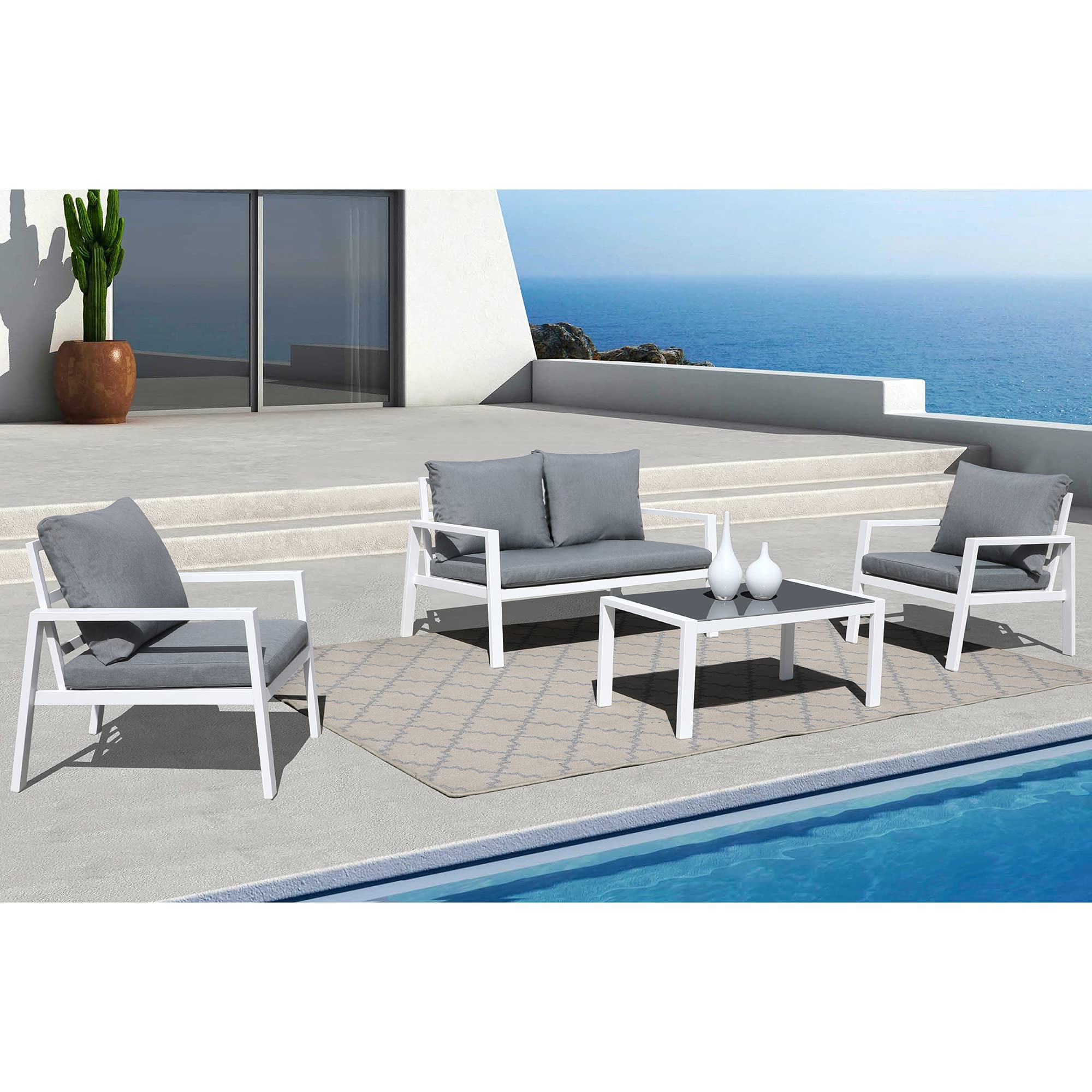 4-Piece Aluminum Outdoor Patio Furniture Set with Removable Cushions & Tempered Glass Coffee Table - White Frame & Grey Cushions for Garden, Poolside, or Backyard Relaxation
