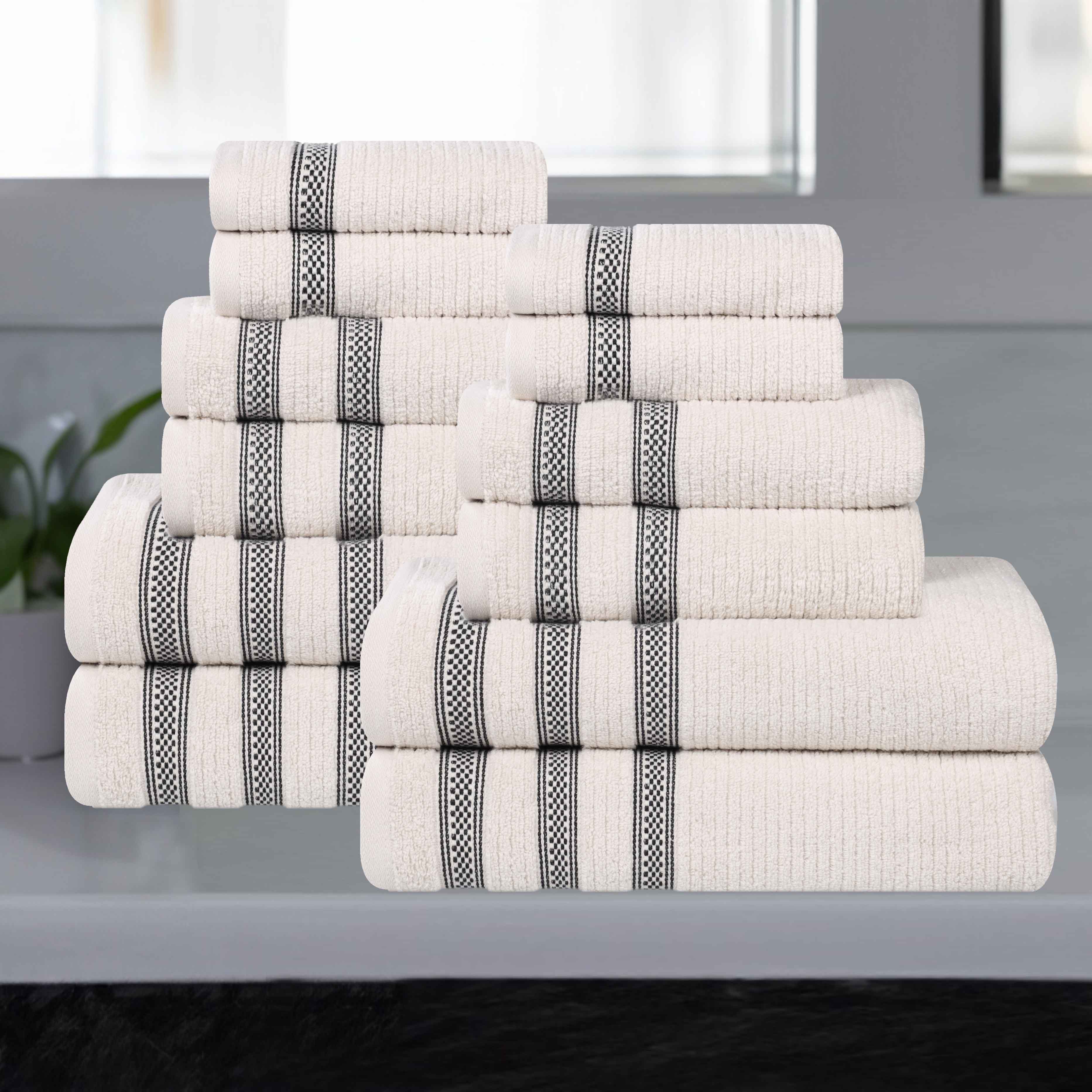 12-Piece Zero Twist Cotton Ribbed Geometric Border Plush Towel Set | Ultra Soft & Absorbent Bath, Beach & Gym Towels for Home & Travel