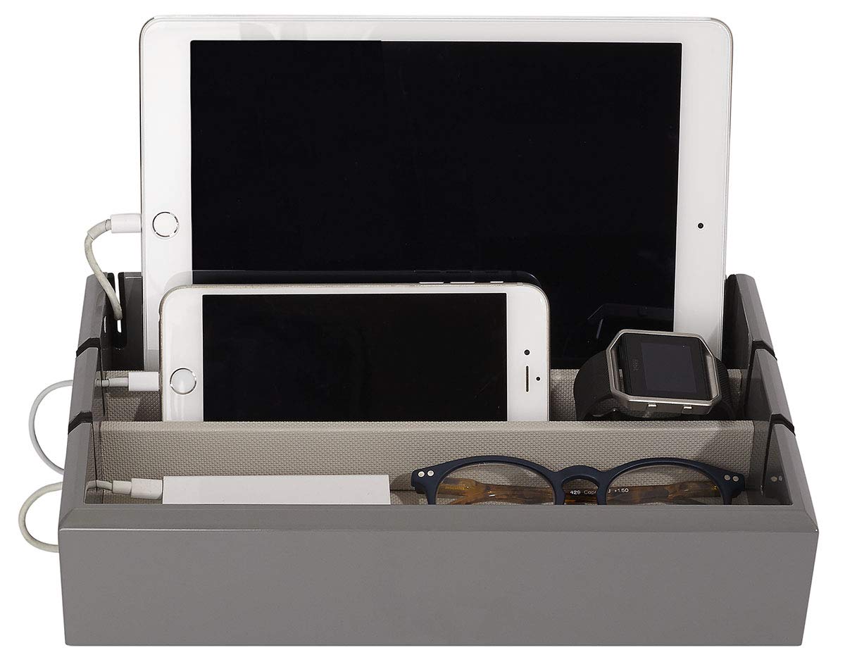 Premium Wooden Tech Tray Organizer - Multi-Device Charging Station for iPhone, iPad, Smartwatch & Tablet | Elegant Royal Grey Lacquered Finish | Perfect for Home Office, Nightstand & Travel Organization