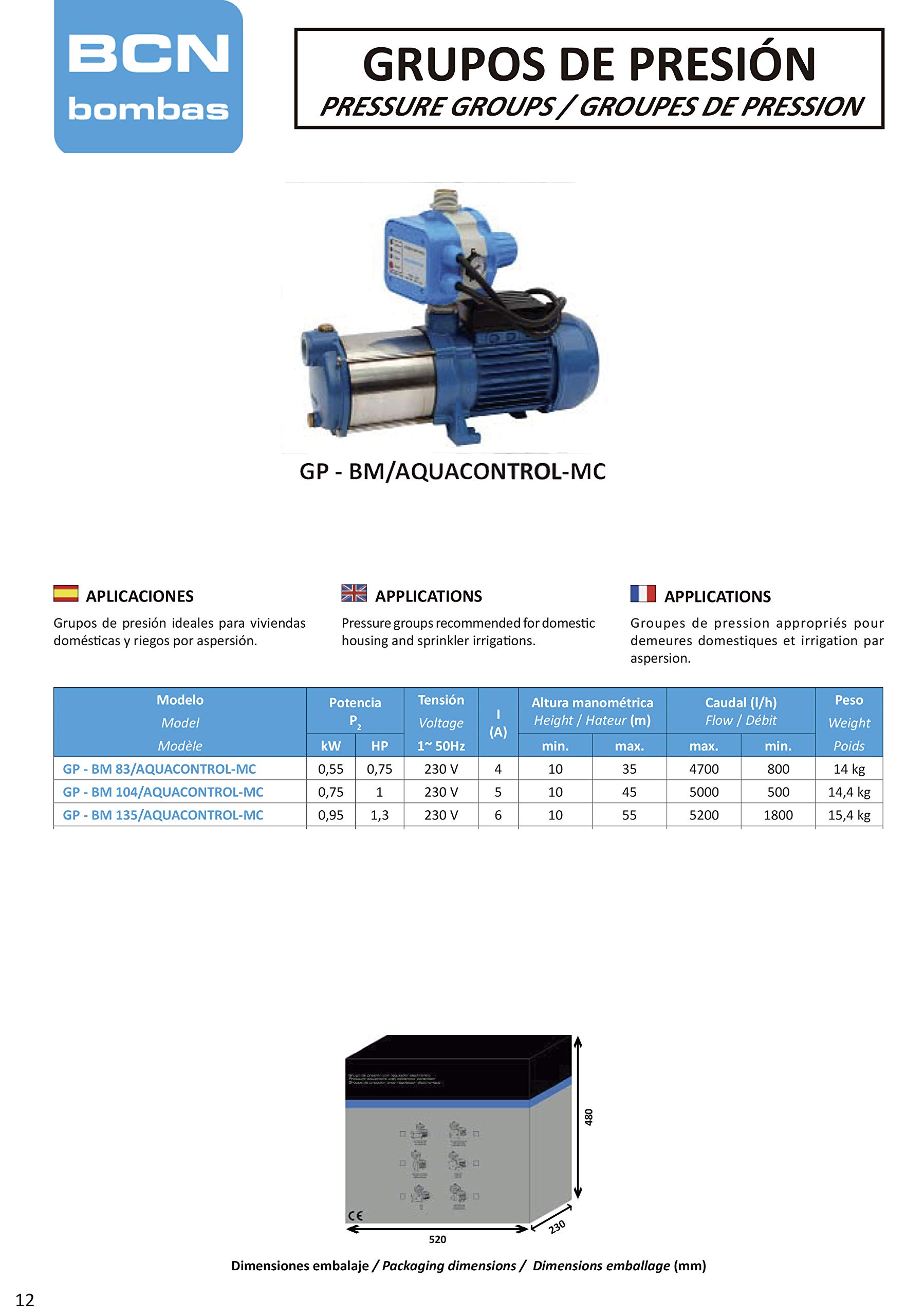 BCN Pumps, Iron, Steel, Blue - Pressure Group GP-BM 1 HP - 104/Aquacontrol-MC for Water Supply, Irrigation, and Industrial Applications
