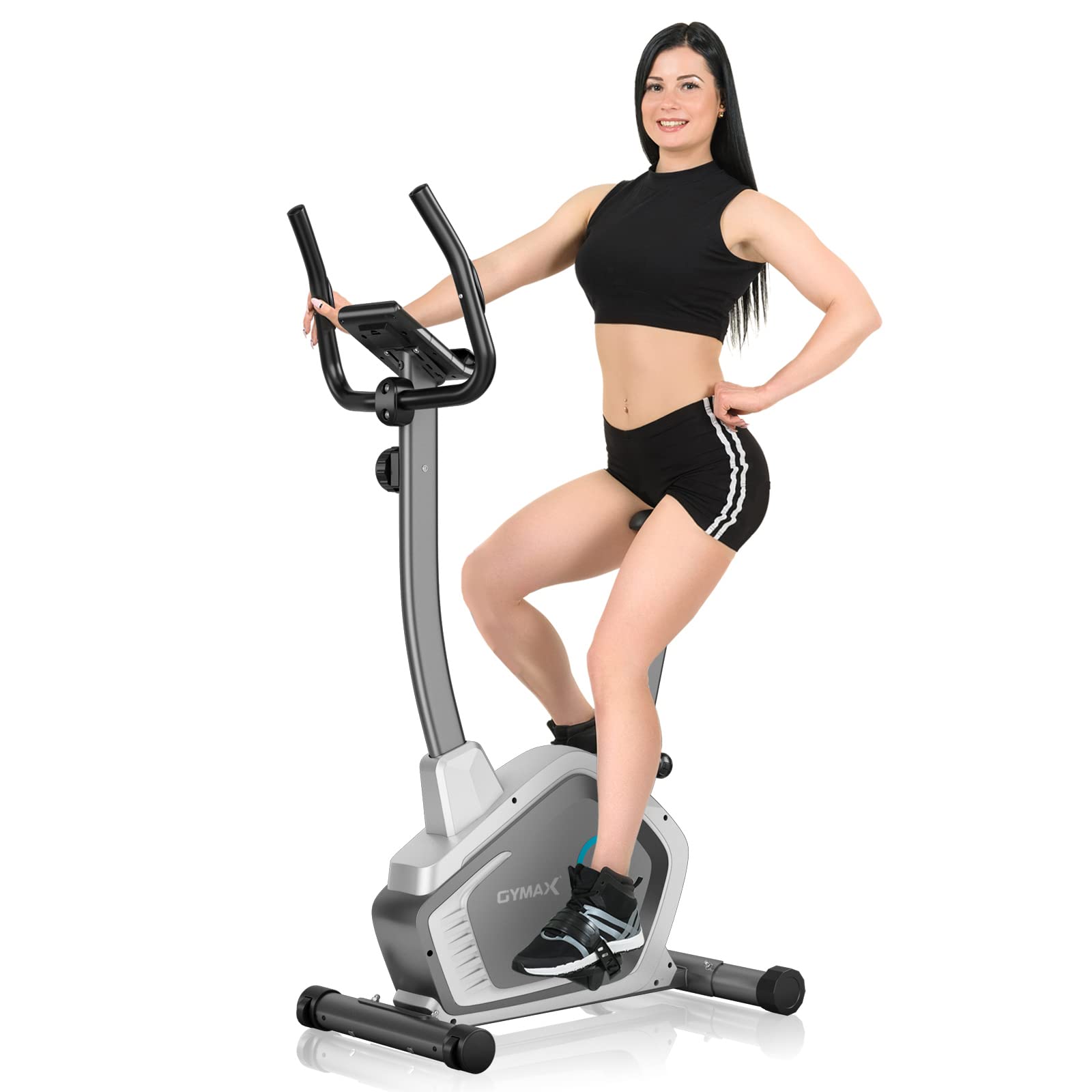 GYMAX Magnetic Upright Exercise Bike with LCD Monitor, Heart Rate Sensor & Transport Wheels - Indoor Cardio Equipment for Home Gym Workouts, Weight Loss & Fitness Training