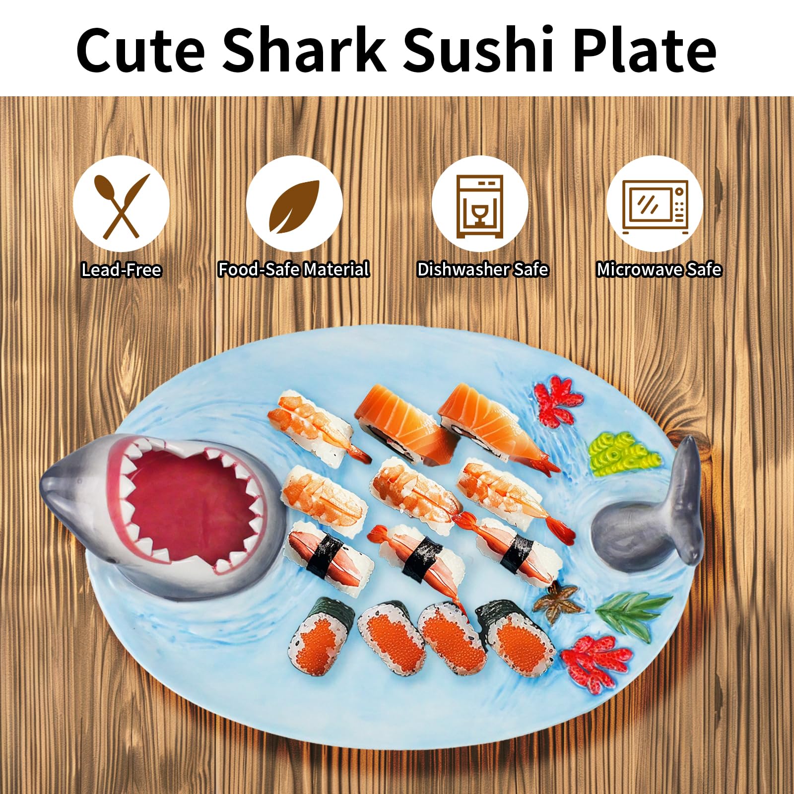 Shark Sushi Plate with Sauce Compartment - Lead-Free Ceramic Dish - Microwave, Oven, Freezer & Dishwasher Safe - Perfect for Sushi Parties, Asian Cuisine & Seafood Dining