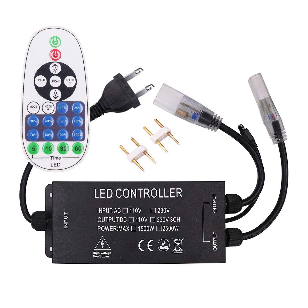 XUNATA LED Light Remote Plug-in Dimmer - 1500W AC 110V-130V Wireless Dimming Switch for LED Strip & Neon Rope Lights with Timer Function (15MM Double Pin) - Perfect for Home, Office, and Party Lighting Decorations