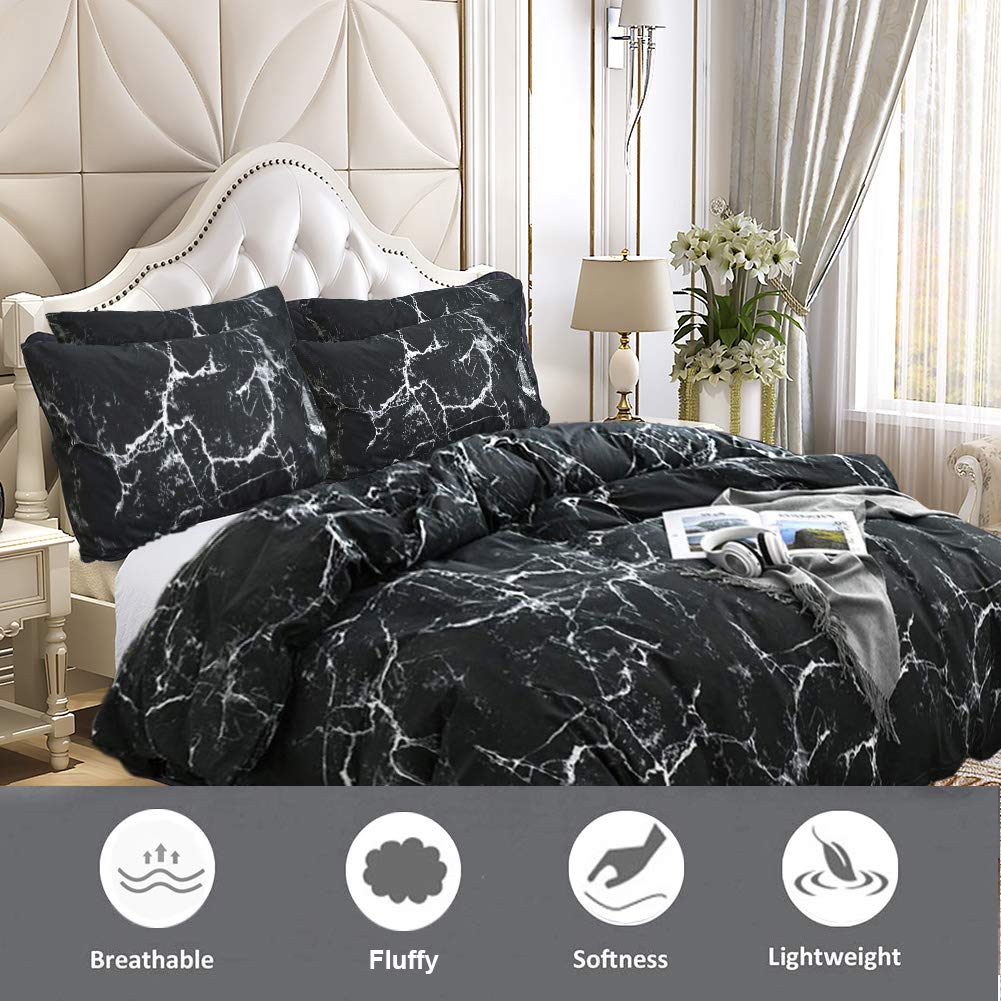 Black Marble Comforter Set King Size - Modern Abstract Gothic Bedding with Breathable Soft Cotton - Black and White Quilted Blanket for Adults & Teens - Perfect for Gothic, Boho & Contemporary Bedrooms