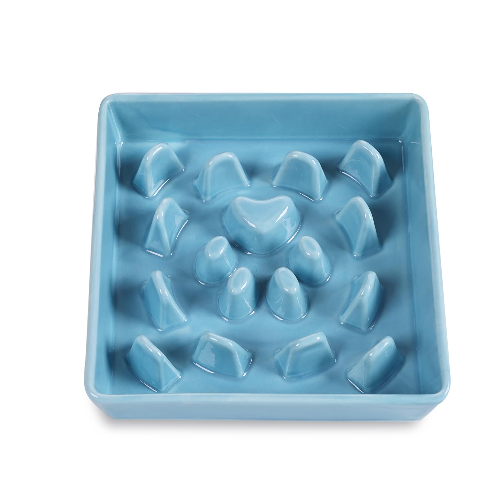 Ceramic Slow Feeder Dog Bowl for Small & Medium Breeds - Square Fun Design in Turquoise - Prevent Fast Eating & Bloat - Perfect for Mealtime Enrichment & Portion Control