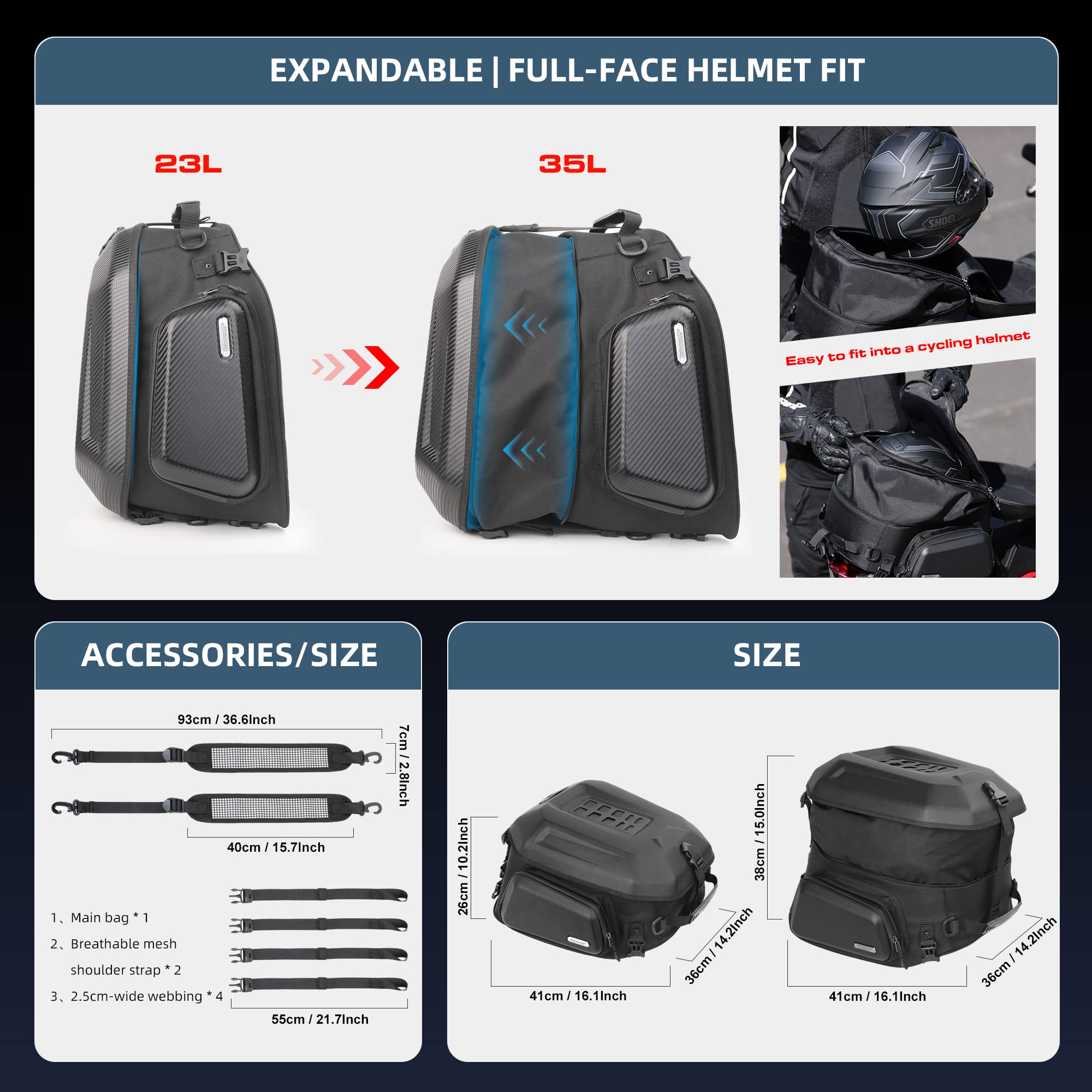 Rhinowalk Motorcycle Tail Bag 23-35L - Waterproof Hard Shell Rear Seat Bag with Expandable Storage, Helmet Holder & Luggage Compartment - Perfect for Commuting, Road Trips & Adventure Riding