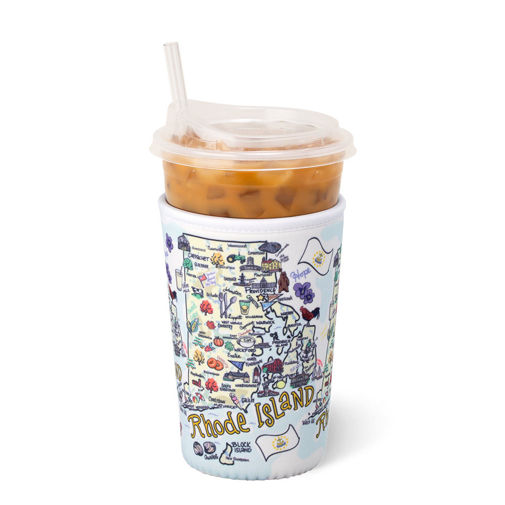 Rhode Island Medium Iced Coffee Cup Cooler - Insulated Sleeve for Hot & Cold Drinks - Perfect for Coffee Shops, Road Trips and Office Use