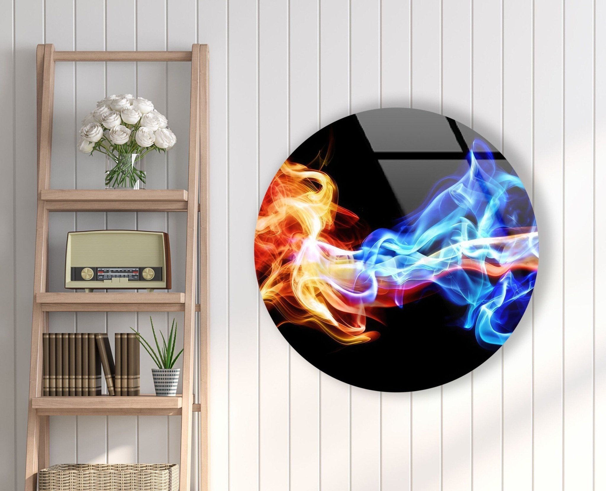 Abstract Round Orange & Blue Glass Wall Art - Modern Handmade Home Decor for Living Room, Bedroom & Office - Unique Glass Artwork for Wall Decor & Gifts