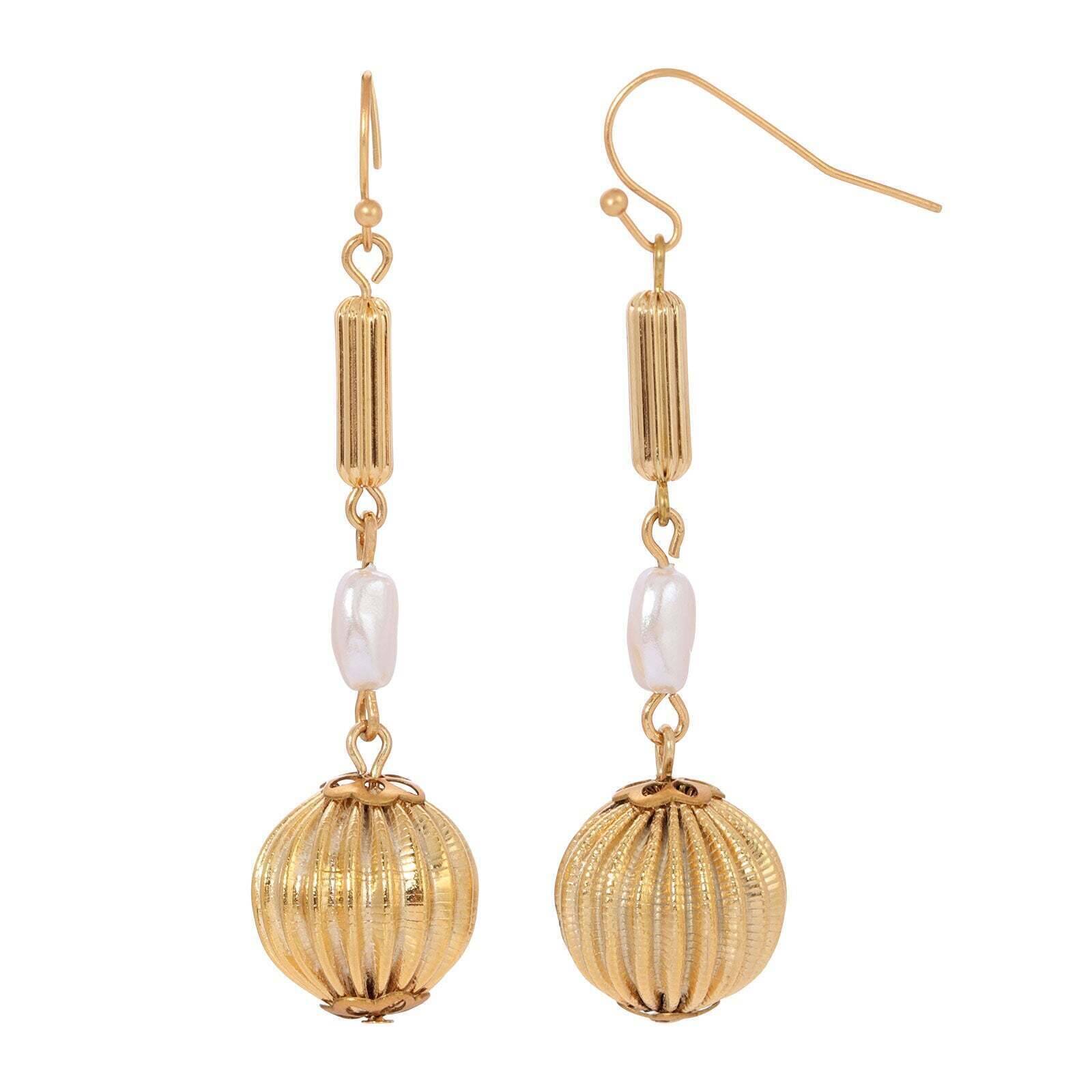 1928 Jewelry Biwa Faux Pearl Round Fluted Bead Dangle Earrings - Vintage Style Pearl Drop Earrings for Women - Perfect for Weddings, Parties & Evening Events